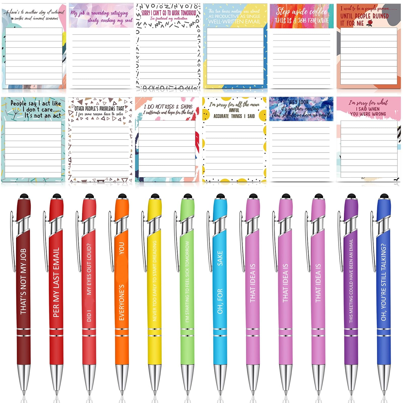 Geyee 24-Pack Funny Office Notepads with Sarcastic Sayings - 3x4 Inch Sticky Notes & Ballpoint Pens Set - Perfect Coworker Gifts, Nurse Appreciation, Teacher Thank You Presents - Great for Office Humor, Desk Organization & Workplace Motivation