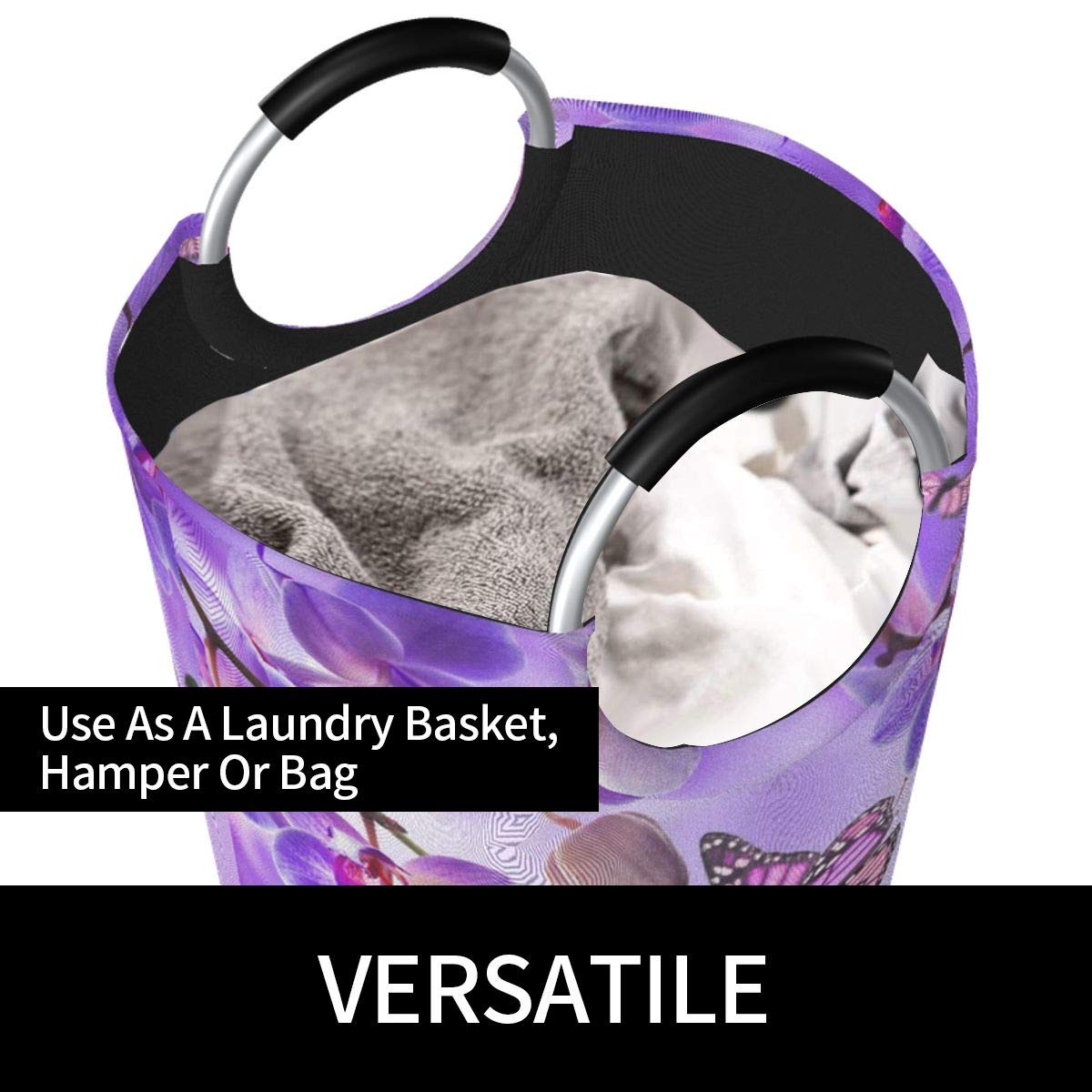 Dujiea 82L X-Large Collapsible Laundry Hamper with Aluminum Handles - Purple Butterfly Design, Tall Round Clothes Storage Basket for Kids, Dorm Room, Bedroom & Bathroom Organization