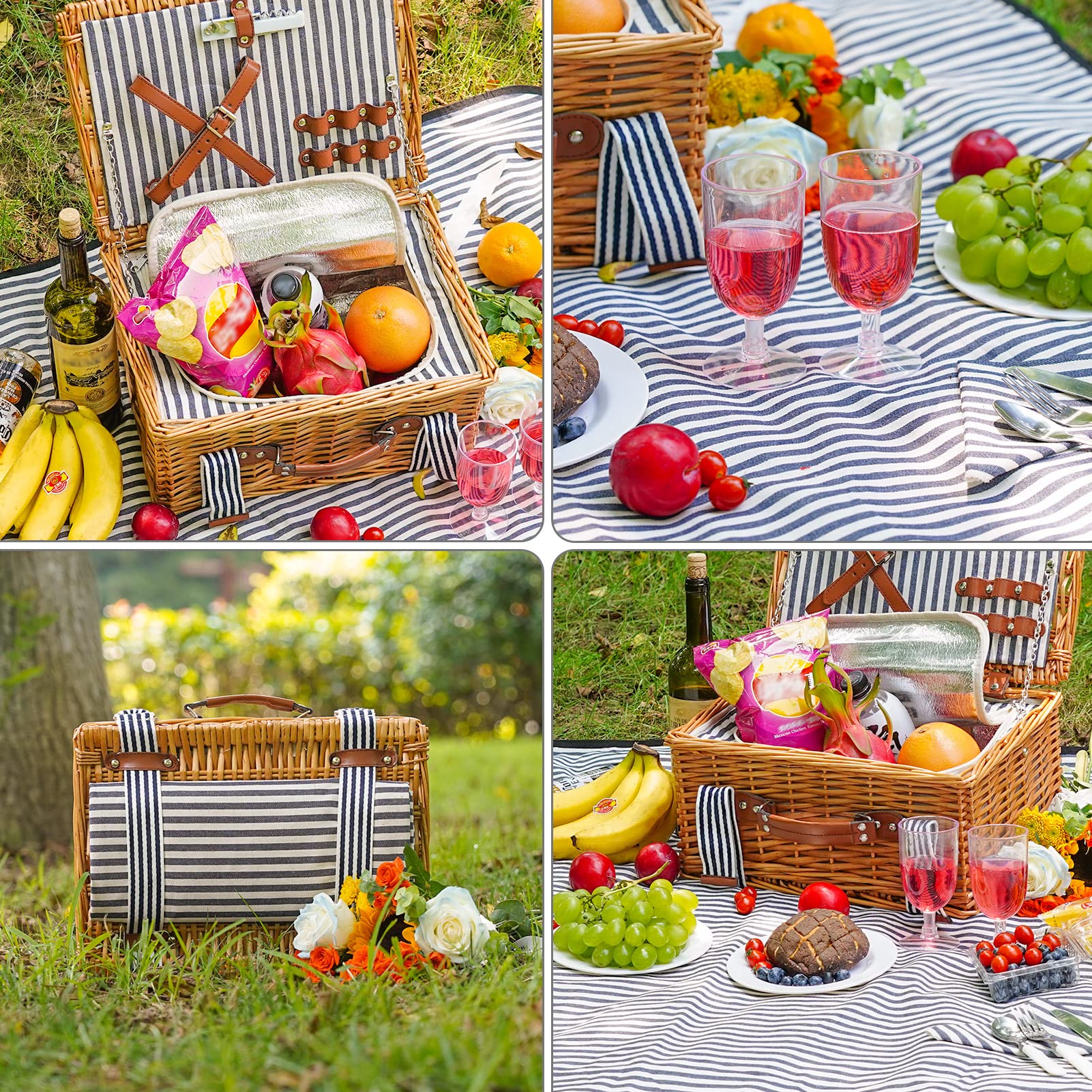 Handmade Willow Picnic Basket Set for 2 Persons - Insulated Cooler, Cutlery Kit & Blanket Included | Romantic Outdoor Gift for Couples, Valentine's Day, Birthday, Wedding | Perfect for Beach Picnics, Park Dates & Garden Parties