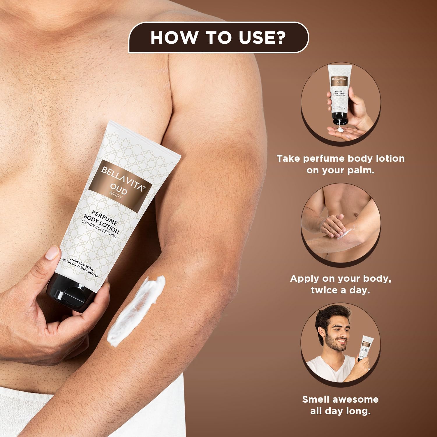 Bella Vita Luxury OUD WHITE Perfume Body Lotion - Nourishing & Hydrating with Argan Oil & Shea Butter (200ml) for Soft, Supple & Healthy Skin | Perfect for Daily Moisturizing & Aromatherapy