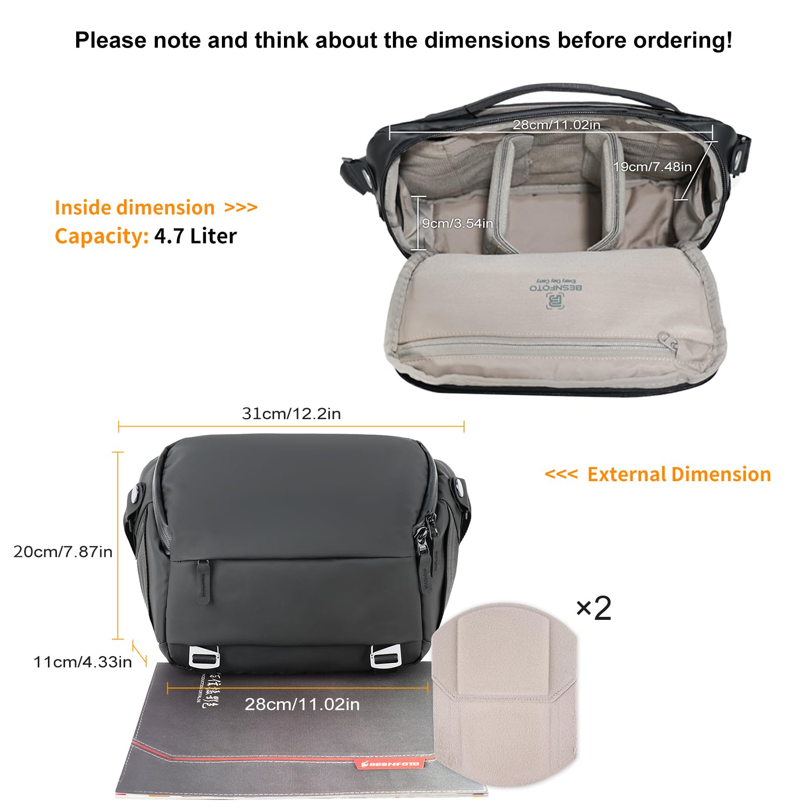 Waterproof DSLR Camera Sling Bag for Photographers - Besnfoto Small Crossbody Shoulder Case for Mirrorless & DSLR Cameras (Black) - Perfect for Travel, Hiking & Outdoor Photography