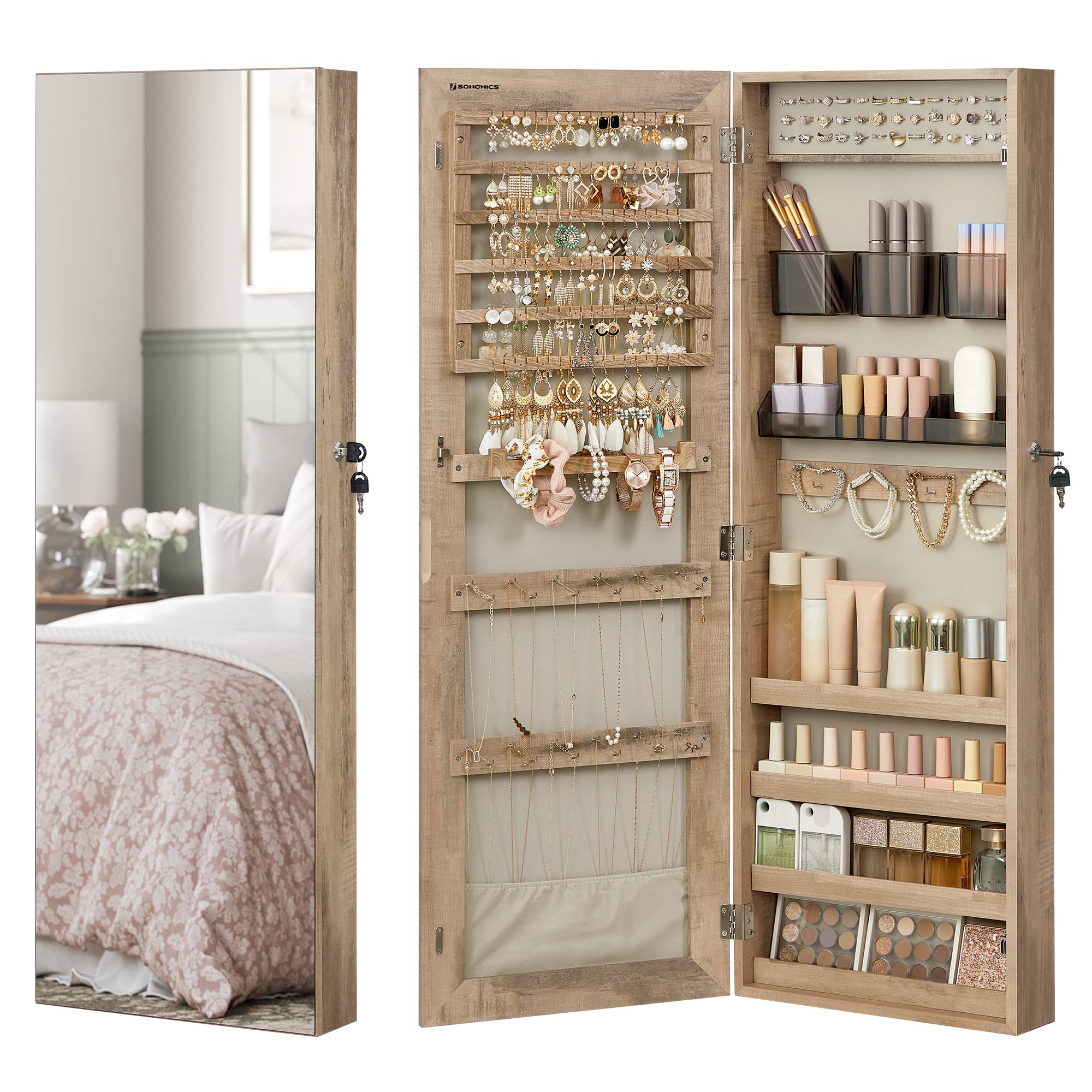 SONGMICS Wall Mounted Jewelry Cabinet with Mirror - Lockable Hanging Jewelry Organizer with 2 Cosmetic Trays, Toasted Oak Finish - Perfect for Bedroom, Bathroom or Closet Organization & Gift Giving
