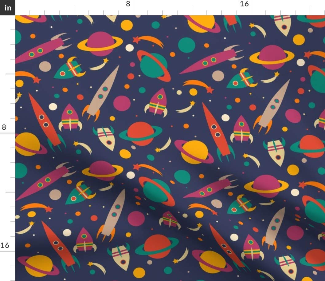 Rocket Space Cosmic Planets UFO Galaxy Printed Cotton Fabric by The Yard - Premium Petal Signature Cotton for Sewing, Quilting, Apparel & DIY Crafts - Perfect for Nursery Decor, Boys Room & Space-Themed Projects