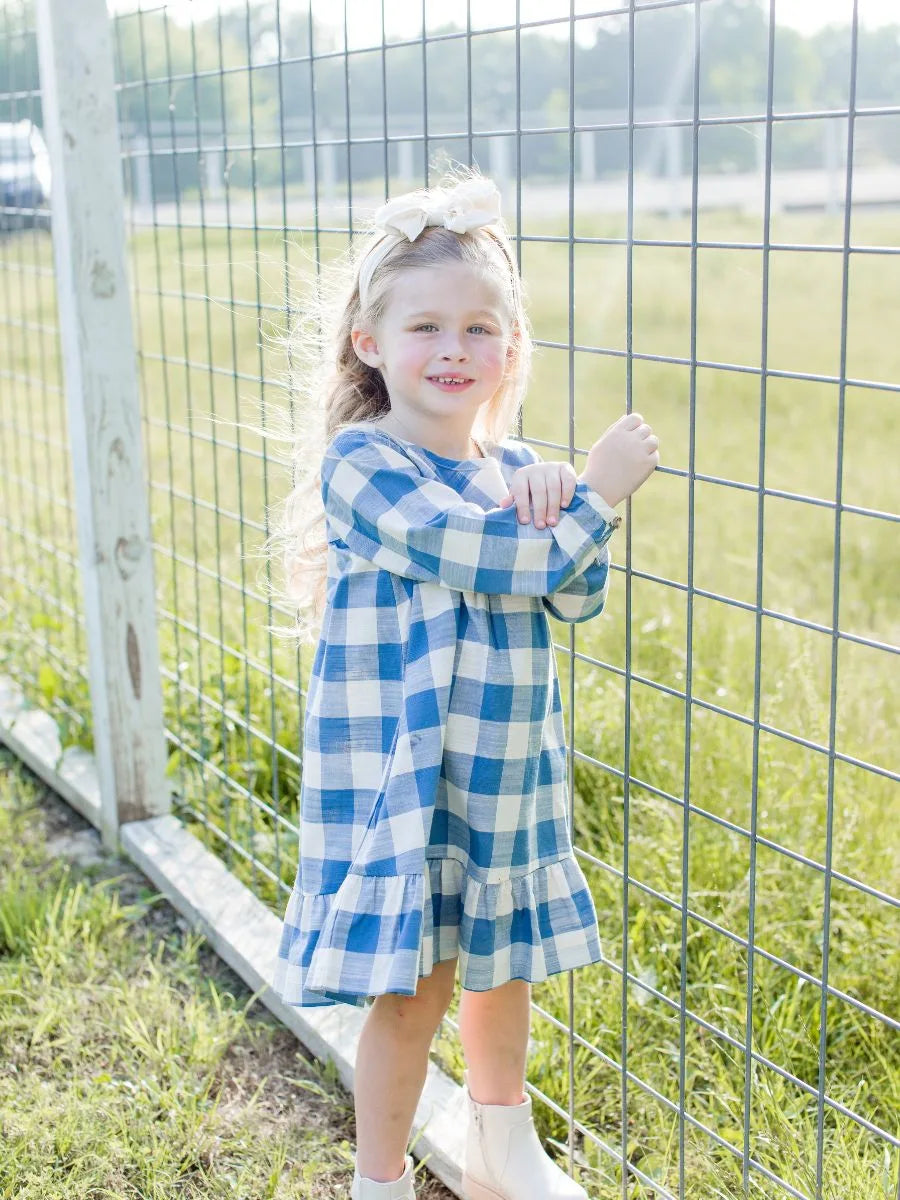 Countryside Blue Plaid Long Sleeve Ruffle Hem Dress - Flowy Summer Dress for Women, Perfect for Picnics, Dates & Outdoor Events