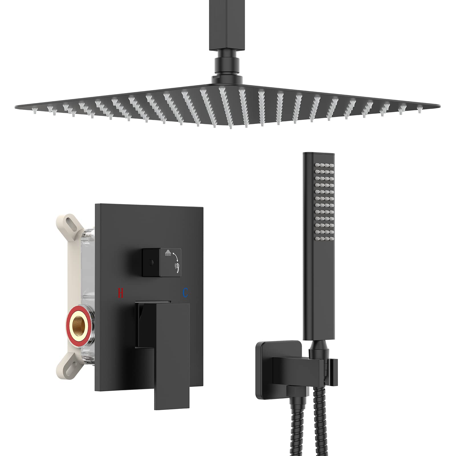 Matte Black Ceiling Mount Rain Shower System - 12 Inch Square Shower Head with Handheld Sprayer, Mixer Valve & Trim Kit | Modern Bathroom Upgrade for Spa-Like Experience