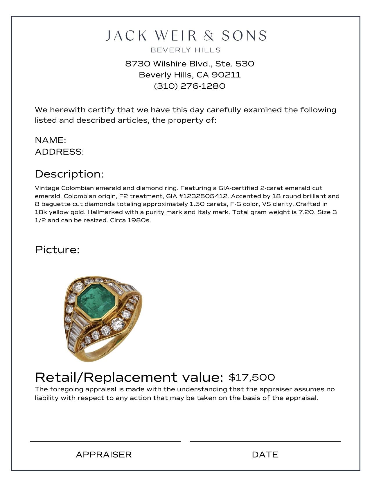 Vintage GIA Certified 2 Carat Colombian Emerald & Diamond 18K Yellow Gold Ring for Engagement, Wedding & Special Occasions