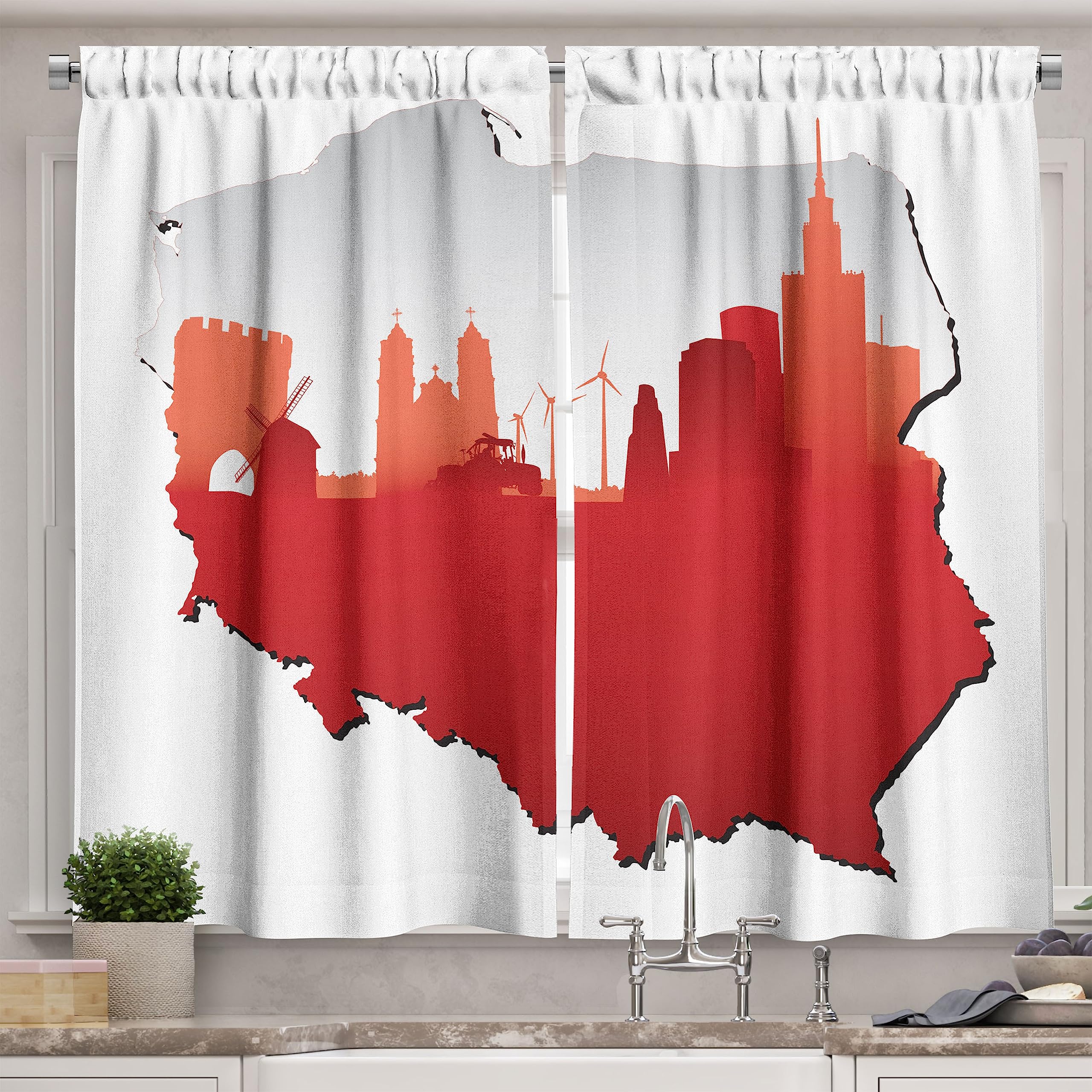 Ambesonne Polish Kitchen Curtains - Graphic Map Design in Flag Colors & State Motif, 2 Panel Window Drapes for Kitchen & Cafe Decor, 55 x 39 Inches, Vermillion Pearl - Perfect for Polish-Themed Restaurants, European Cafes & Cultural Home Decor