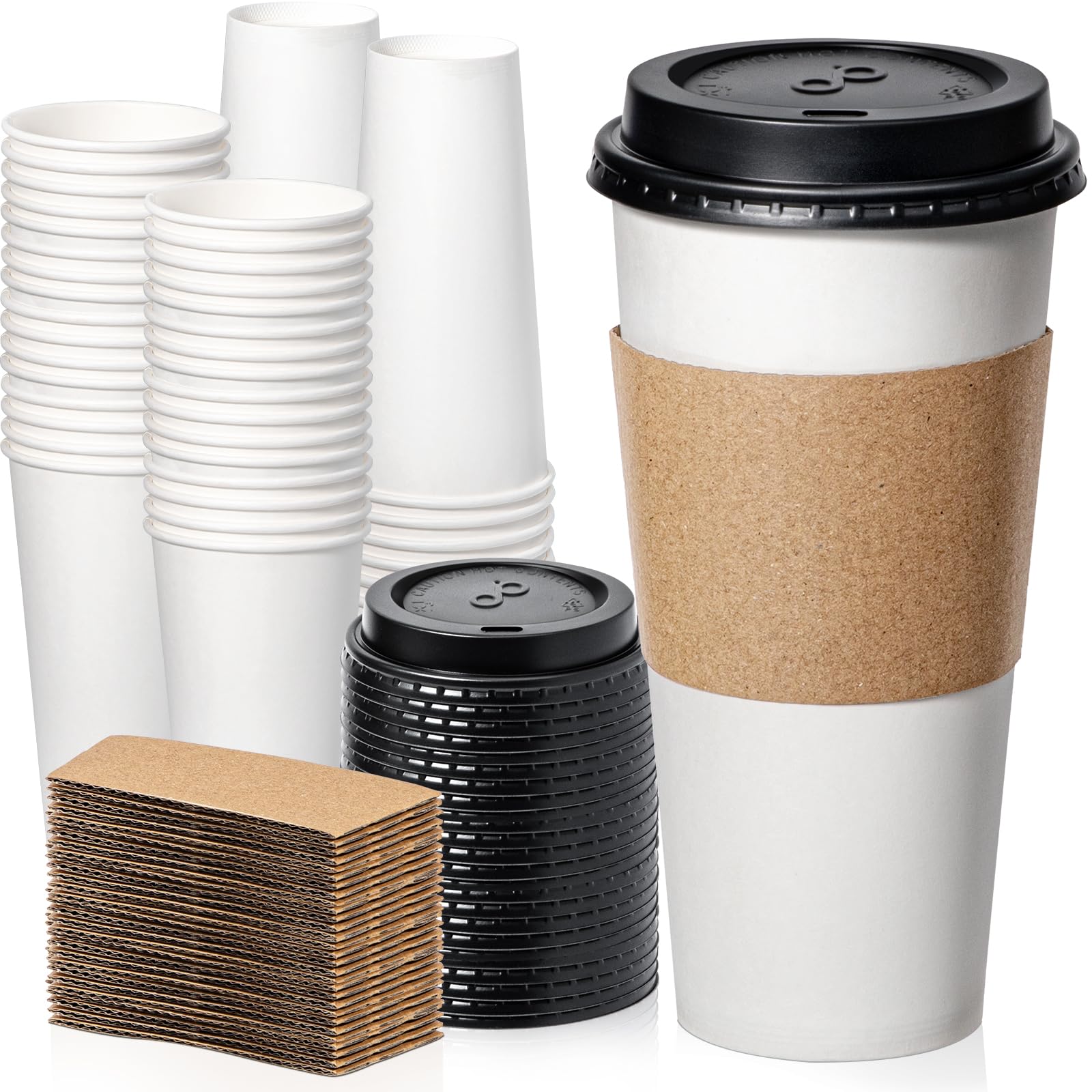 50 Pack 24oz Disposable Coffee Cups with Lids & Sleeves - Leak-Proof To-Go Paper Cups for Hot Beverages - Durable Meal Prep Cups for Coffee, Tea, Hot Chocolate - Perfect for Home, Office, Cafes, and Parties