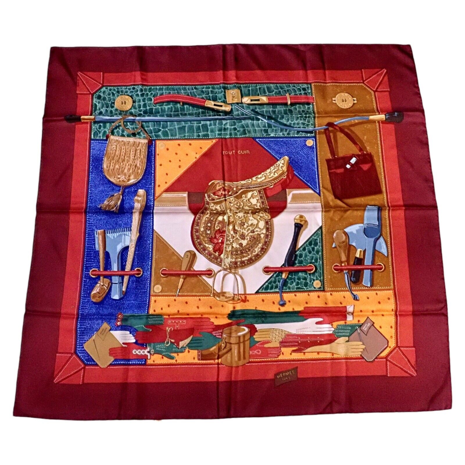 Authentic Vintage Hermes Brick Red Tout Cuir 90cm Silk Scarf - Rare Collectible Luxury Accessory for Women, Perfect for Elegant Outfits & Special Occasions