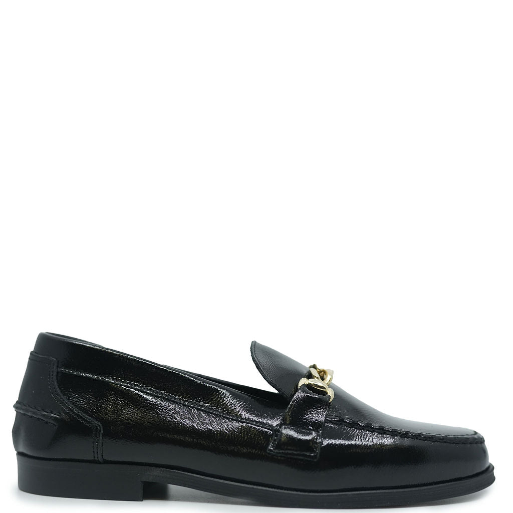 Blublonc Black Patent Leather Chain Loafers for Women - Stylish Slip-On Dress Shoes for Office, Party & Casual Wear