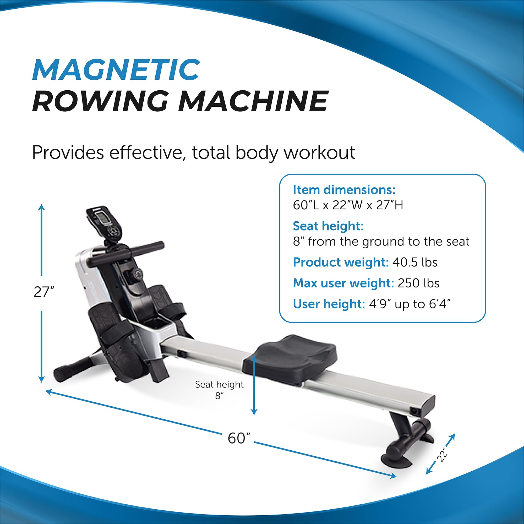 Stamina Magnetic Rowing Machine for Home Gym - Smart Workout App & Adjustable Magnetic Resistance - Supports Up to 250 lbs - Perfect for Cardio, Strength Training & Full-Body Workouts