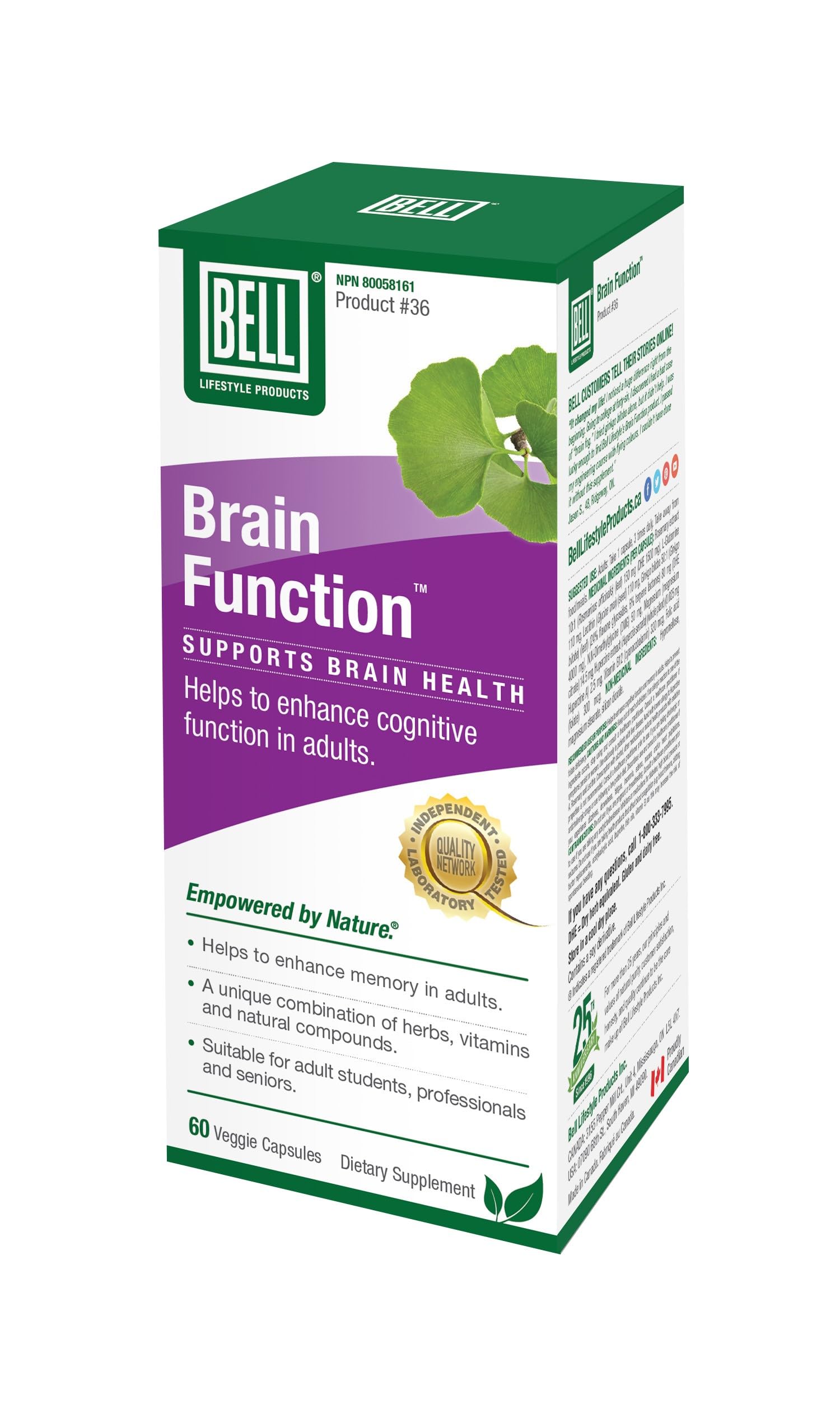 BELL Brain Function Supplement - 60 Capsules for Memory, Focus & Cognitive Support - Enhance Mental Clarity & Concentration for Work & Study