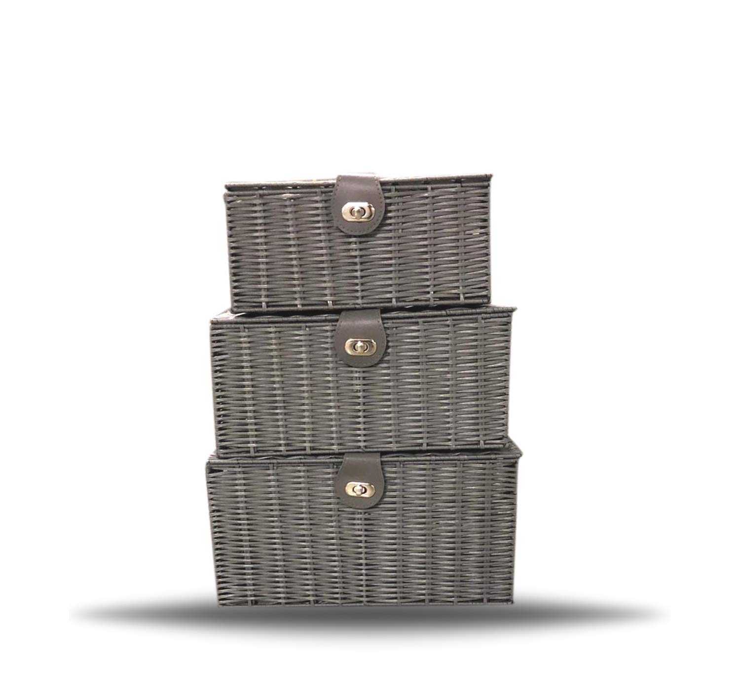 ARPAN Set of 3 Resin Woven Storage Baskets with Lids & Locks - Grey (Large, Medium, Small) | Home Organization for Bedroom, Bathroom, and Office