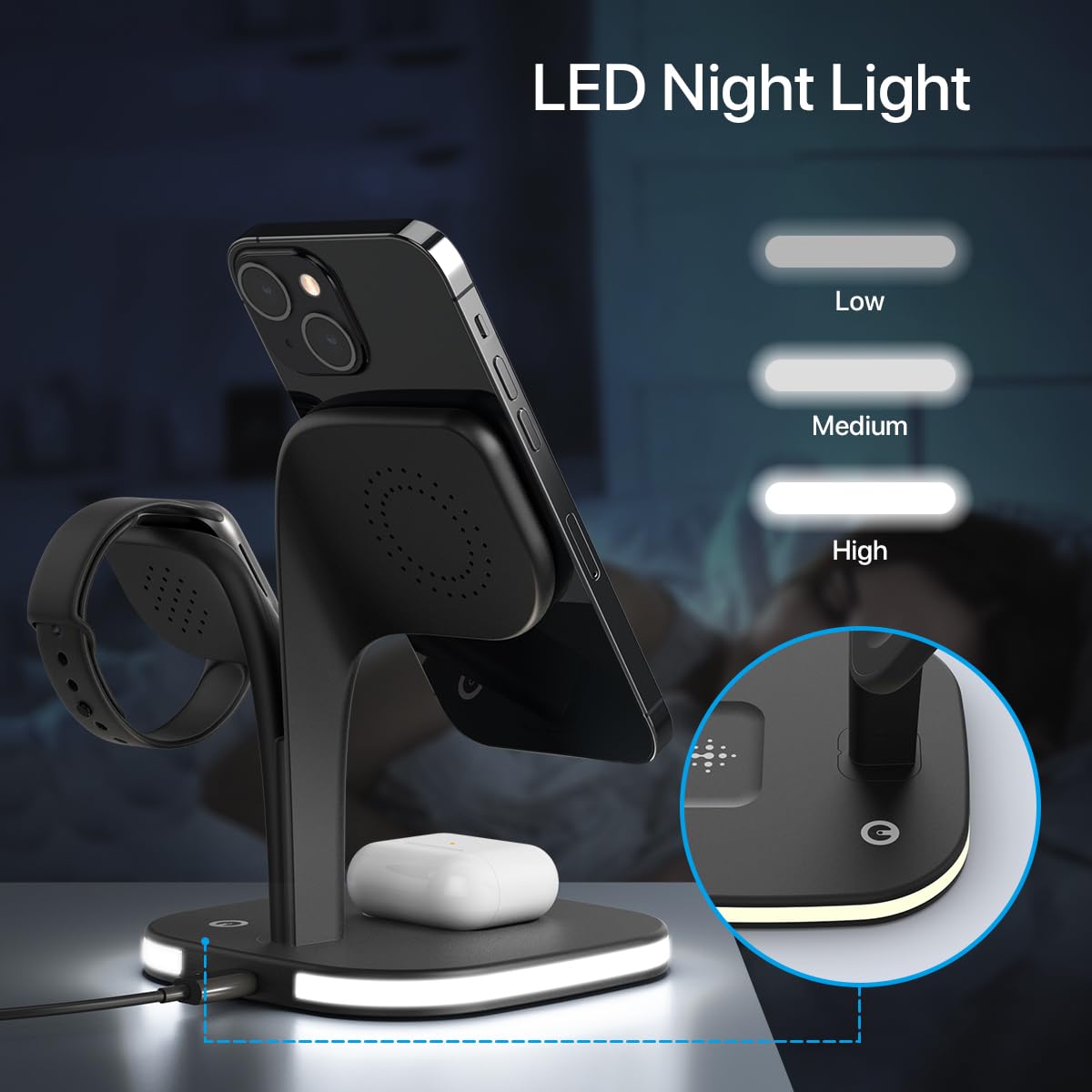 EXW 3-in-1 Wireless Charging Station for iPhone 16/15/14/13/12 Series, Apple Watch Series 1-9 & AirPods | Magsafe Compatible Fast Charger with LED Indicator | Multi-Device Charging Stand for Home, Office & Travel (Black)