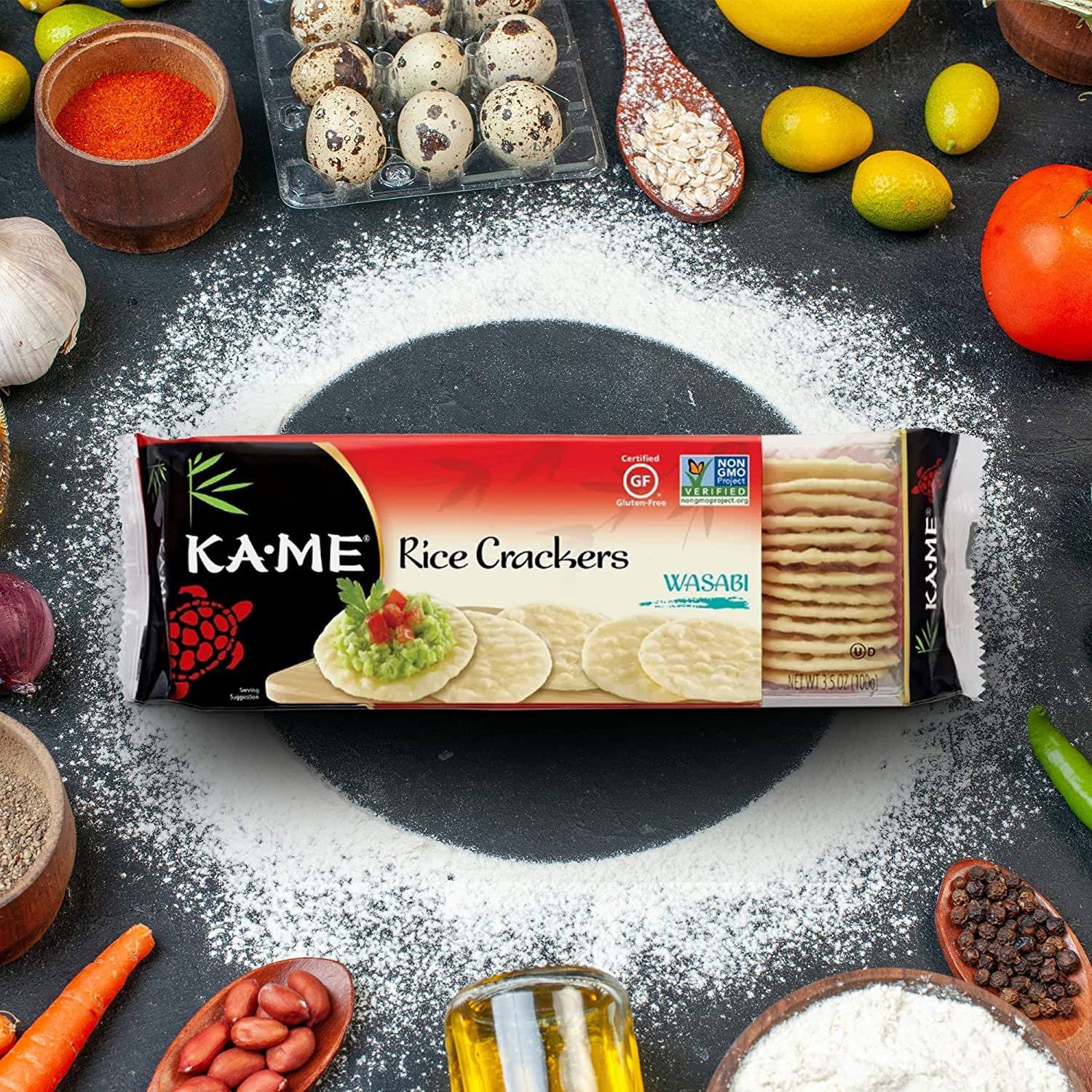 KA-ME Wasabi Rice Crackers 3.5 oz (3 Pack) - Gluten-Free, Non-GMO Snacks with Authentic Asian Ingredients, No Artificial Flavors or Colors - Perfect for Parties, Office Snacks & Asian Cuisine Pairing