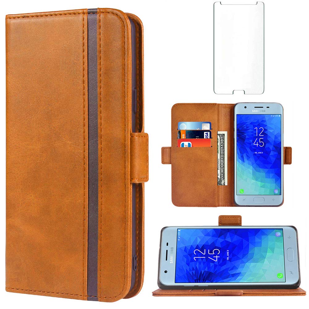 Premium Leather Wallet Case for Samsung Galaxy J7 Star/J7 Refine/J7 2018 (J737V) with Tempered Glass Screen Protector & Card Holder - Flip Folio Full Body Protection Cover (Brown) - Perfect for Women's Daily Use & Business Travel