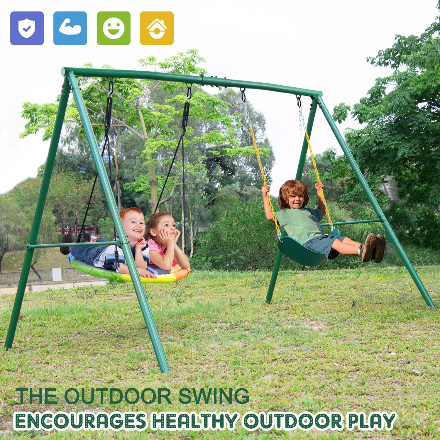 Trekassy 440lbs Capacity 2-Seat Outdoor Swing Set with Saucer Swing & Belt Swing - Heavy Duty A-Frame Metal Stand for Backyard, Playground, and Kids Playset | Perfect for Family Fun, Outdoor Recreation, and Children's Playtime Activities