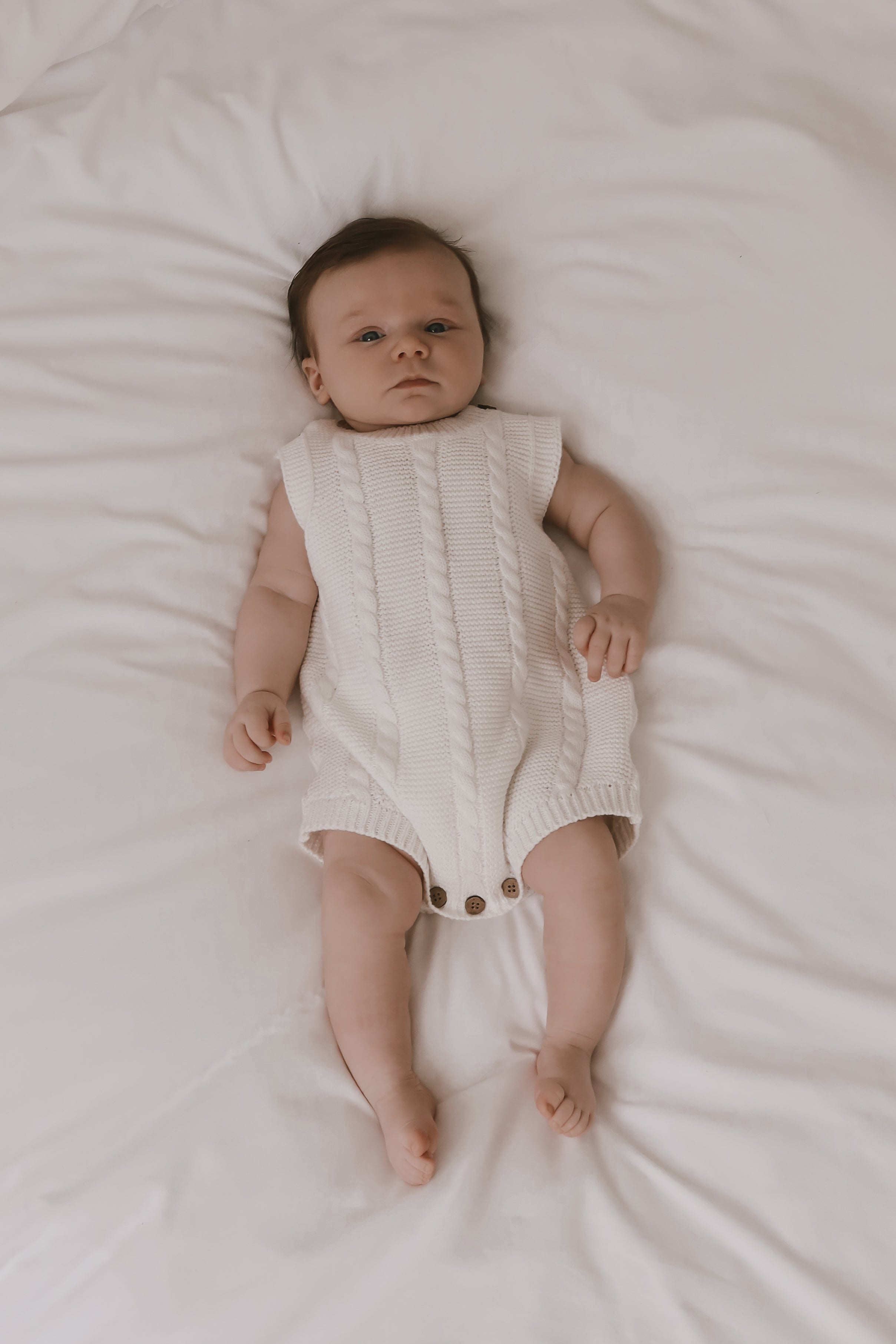 Soft Cable Knit White Summer Baby Romper - Comfortable & Breathable Outfit for Newborns & Infants | Perfect for Beach, Park & Family Photos