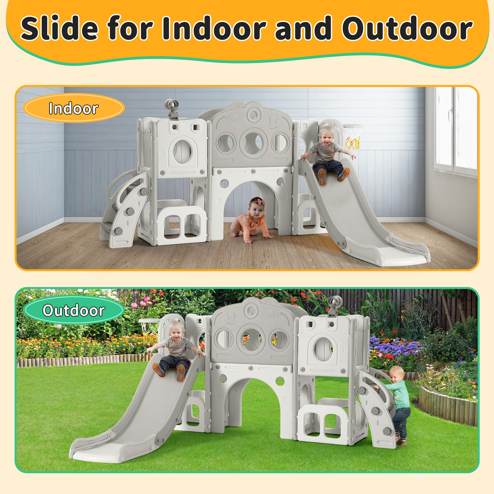 8-in-1 Toddler Slide Playset for Kids Ages 1-3 | Indoor/Outdoor Baby Slide with Basketball Hoop & Telescope | Fun Playground Toy for Toddlers (White) - Perfect for Backyards, Playrooms & Daycare Centers