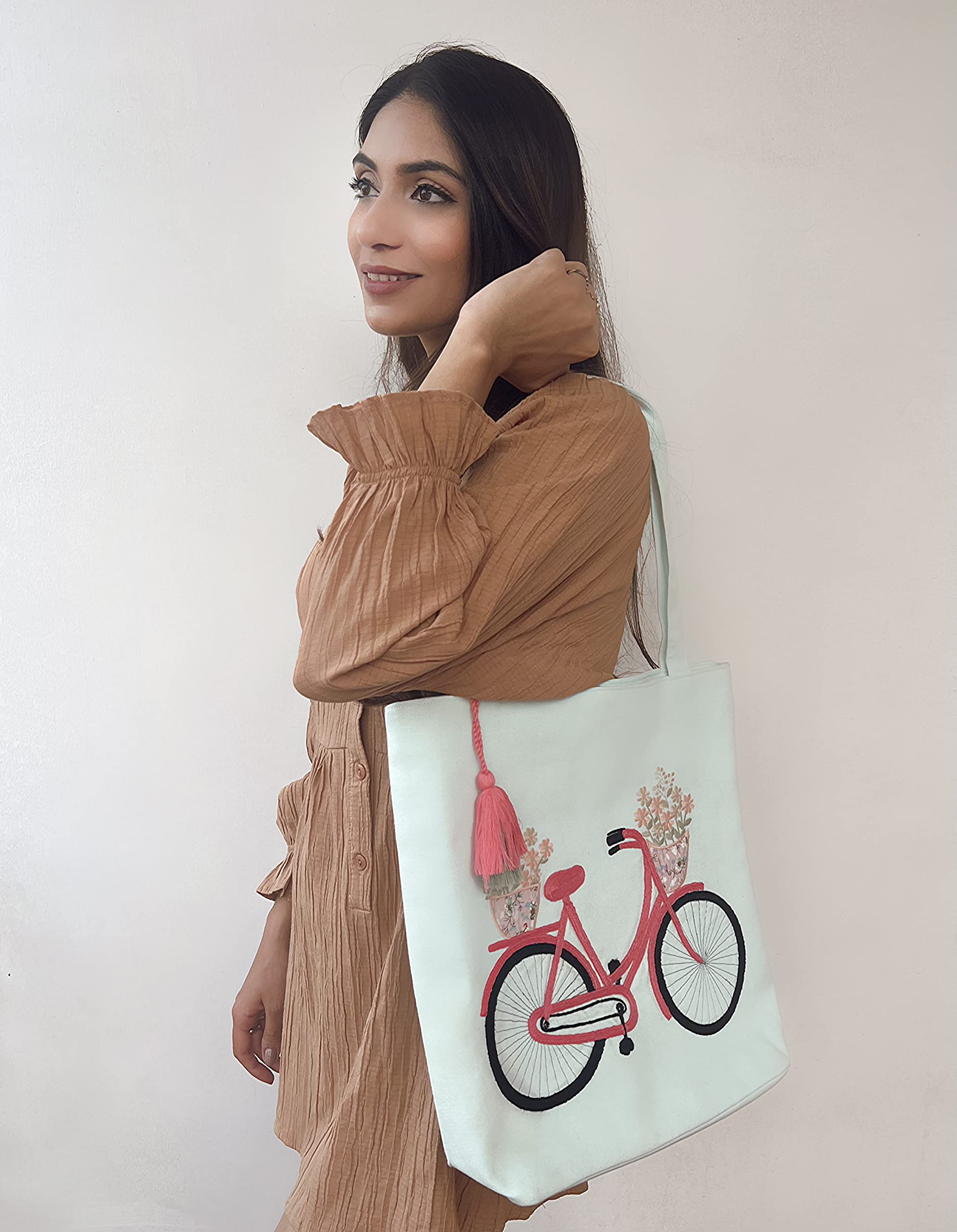 MASQ by Q-one Embroidered Large Cotton Canvas Tote Bag for Women & Girls - Stylish Designer Handbag for College, Work, Travel & Everyday Use