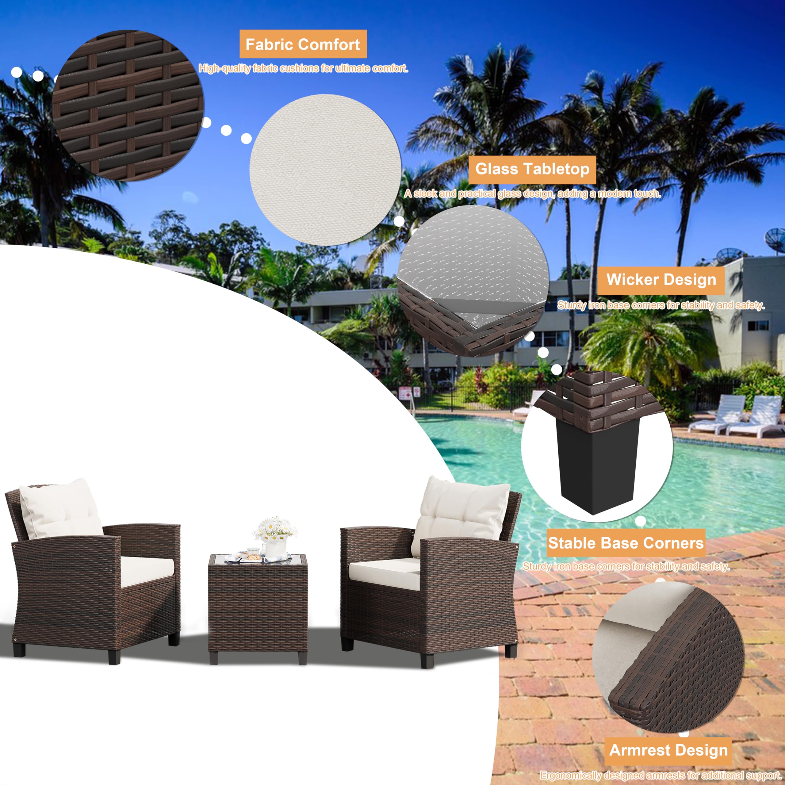 Shintenchi 3-Piece Patio Furniture Set - PE Rattan Wicker Chairs with Table, Outdoor Dining Set for Backyard, Garden, Poolside - Brown Rattan with White Cushions | Perfect for Outdoor Entertaining, Relaxation & Al Fresco Dining