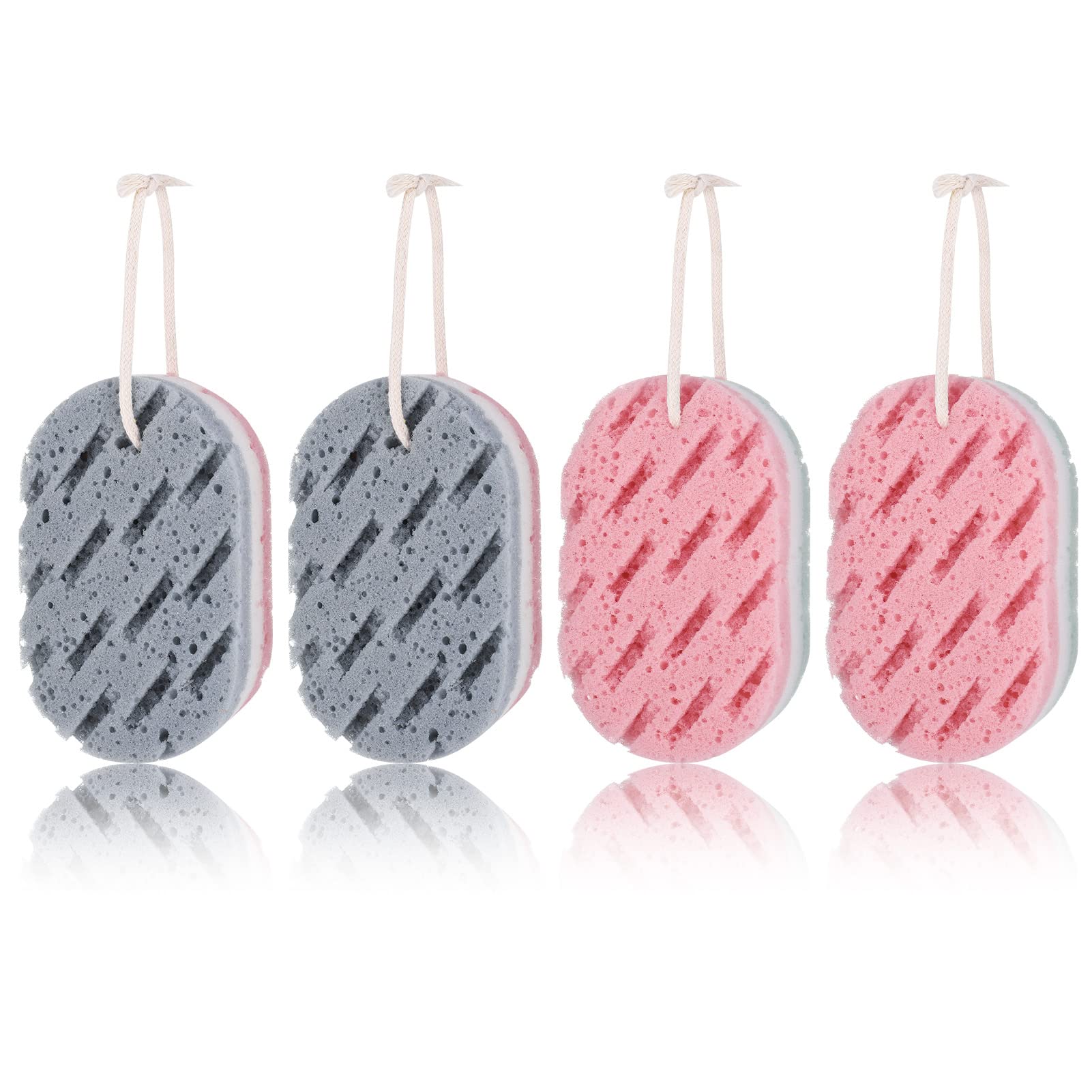 Fuyamp 4 Pack Exfoliating Bath Sponge for Shower - Double-Sided Body Scrubber with Soft Fiber for Men, Women & Kids - Perfect for Deep Cleansing, Dead Skin Removal & Spa-Like Bath Experience