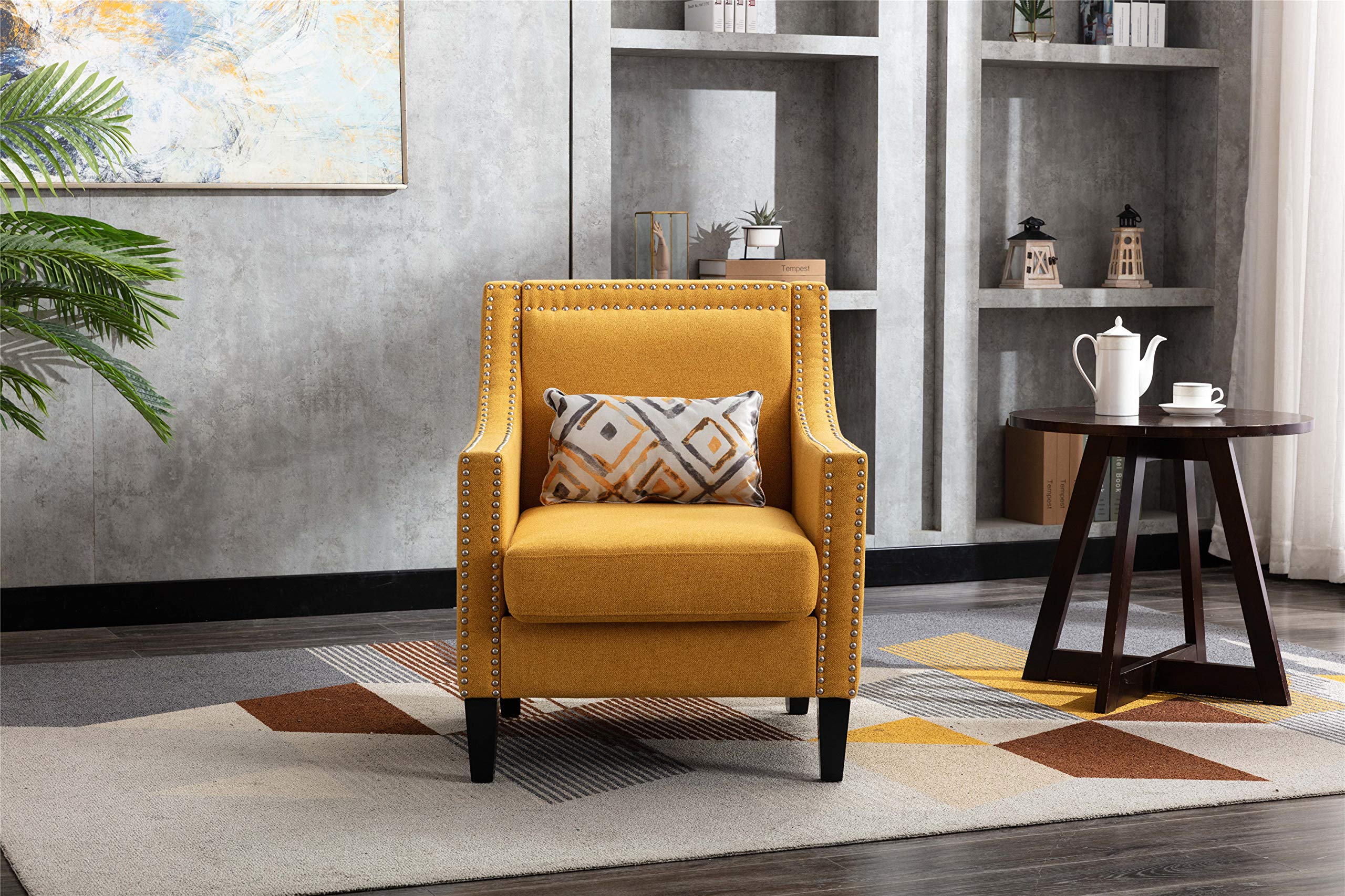 Modern Accent Armchair with Nailhead Trim & Solid Wood Legs - Yellow Linen Upholstered Living Room Chair for Lounge, Reading Nook & Home Decor