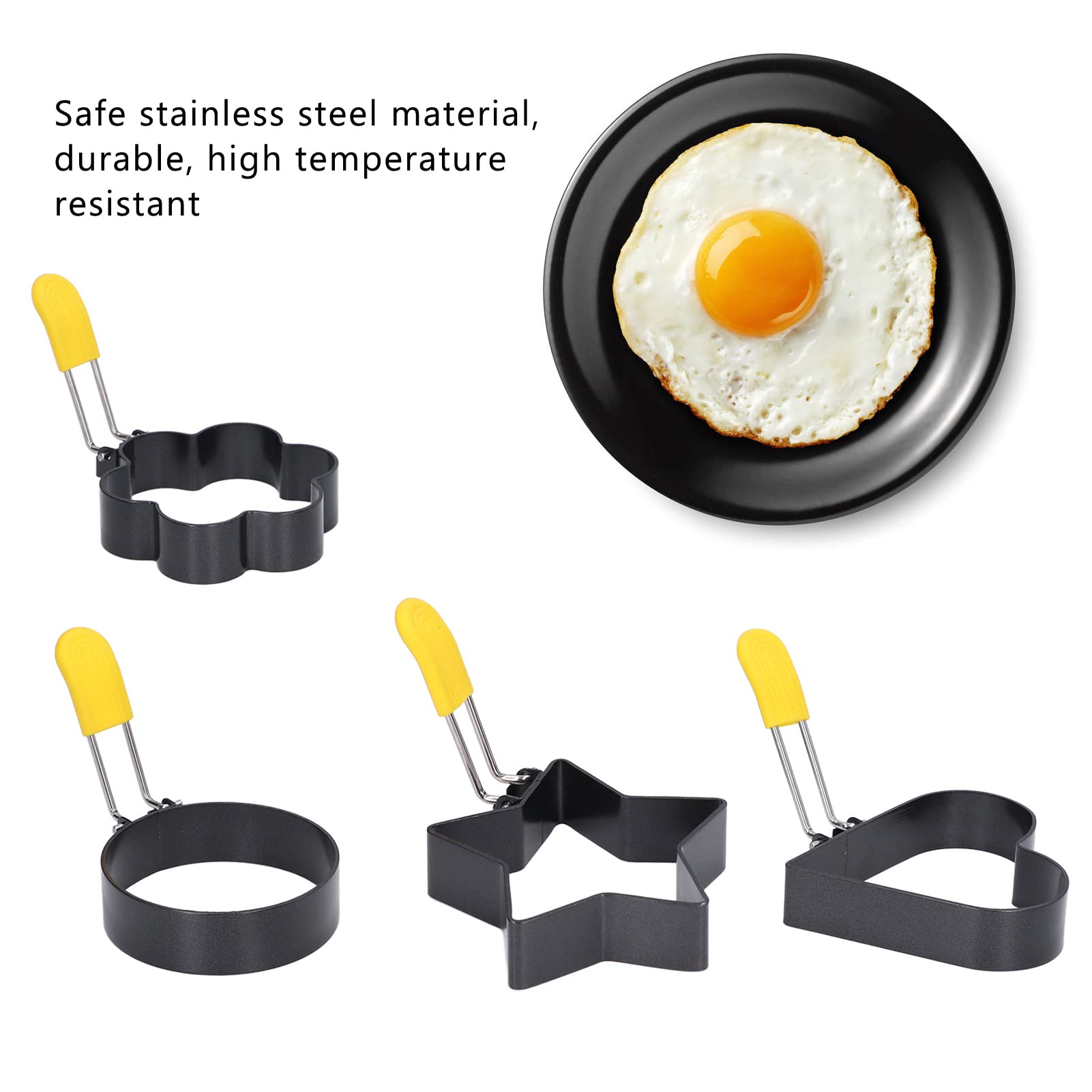 Stainless Steel Fried Egg Rings Mold with Folding Handle & Silicone Brush - Multi-Shape Egg Frying Rings for Perfect Sunny Side Up, Omelets & Pancakes - Ideal for Breakfast, Brunch & Camping Cooking