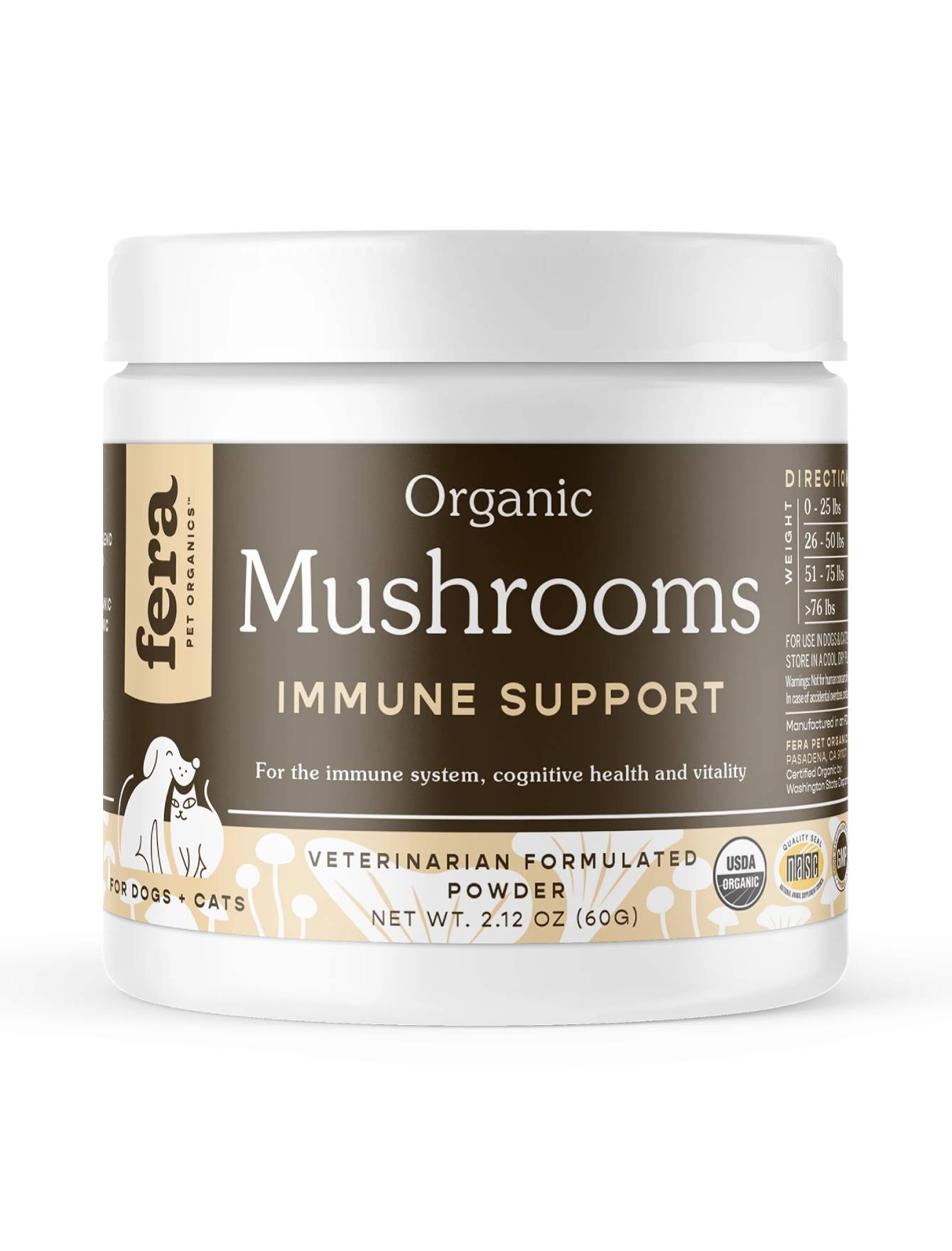 Fera Pet Organics Organic Mushroom Blend Powder for Dogs & Cats - Immune System Support Supplement (120 Servings) | Supports Joint Health & Vitality for Active Pets