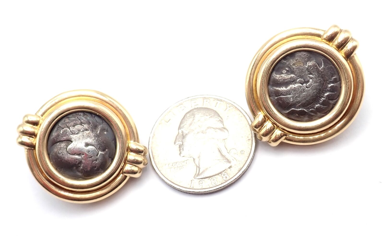 Vintage Bulgari Bvlgari 18k Yellow Gold Alexander The Great Coin Moneta Earrings - Luxury Collectible Jewelry for Special Occasions & Gifts