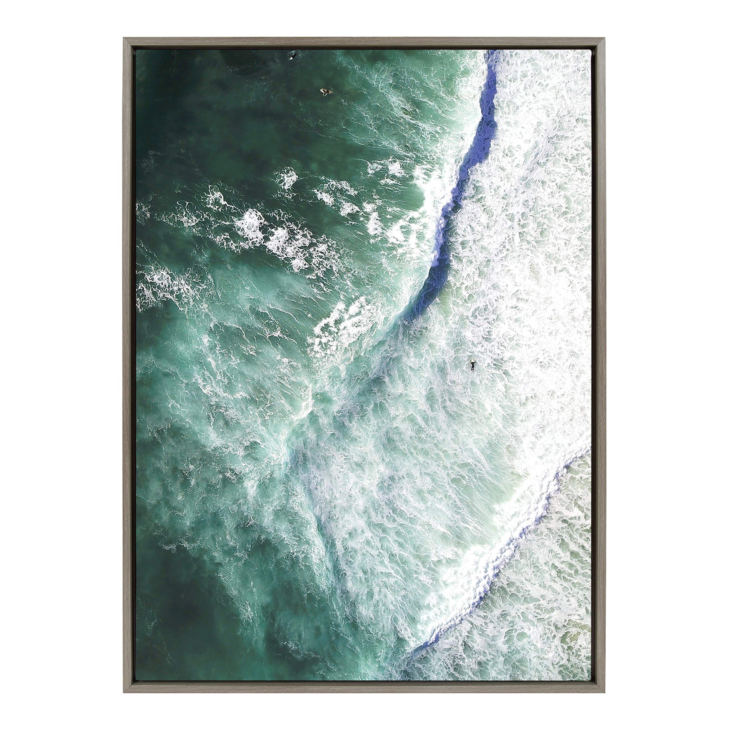Kate and Laurel Sylvie Paddle Out Framed Canvas Wall Art by Rachel Dowd - 28x38 Inches Gray Coastal Beach Painting - Perfect for Living Room, Bedroom or Office Decor