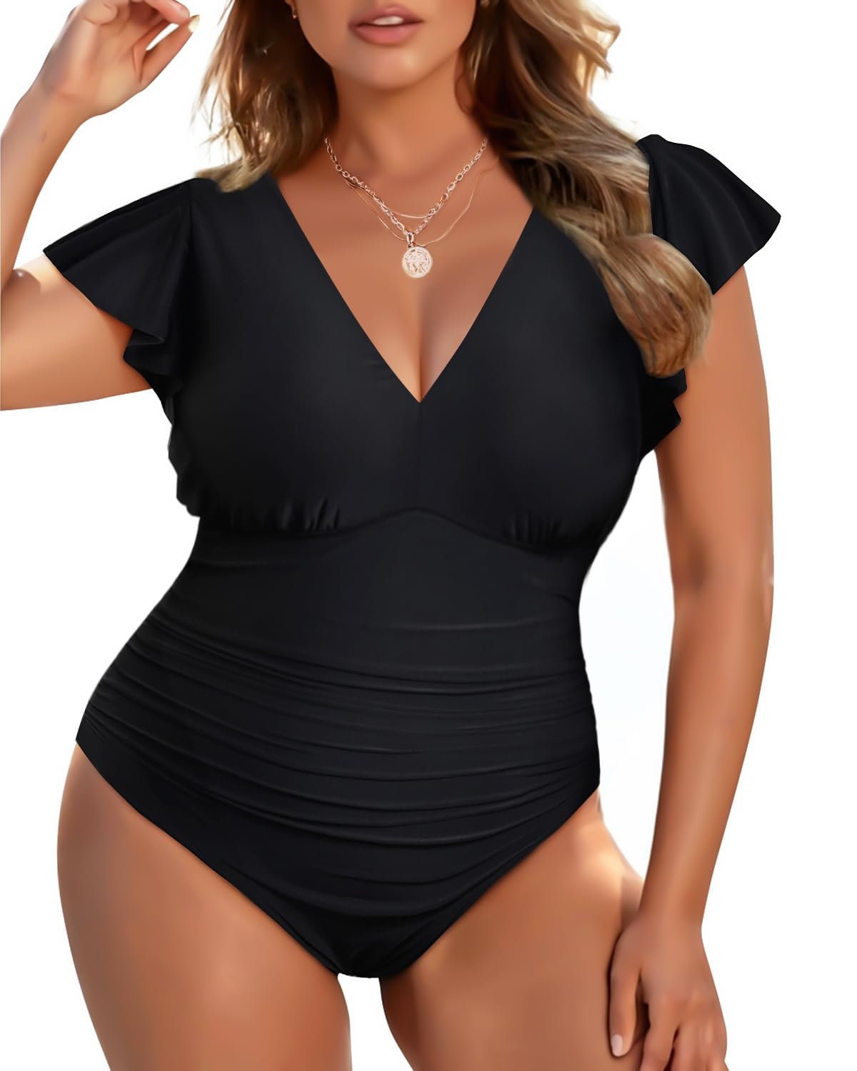 Yonique Plus Size Swimsuits for Women - Tummy Control One Piece Bathing Suit with Ruffle Detail | High Waisted Swimwear for Beach, Pool & Vacation