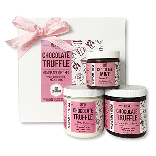 Mojo Spa Chocolate Truffle Luxury Gift Set - 3 Natural Handmade Bath & Body Products: Exfoliating Scrub, Nourishing Body Butter, Revitalizing Facial Mask | Perfect for Self-Care, Spa Days & Thoughtful Gifts
