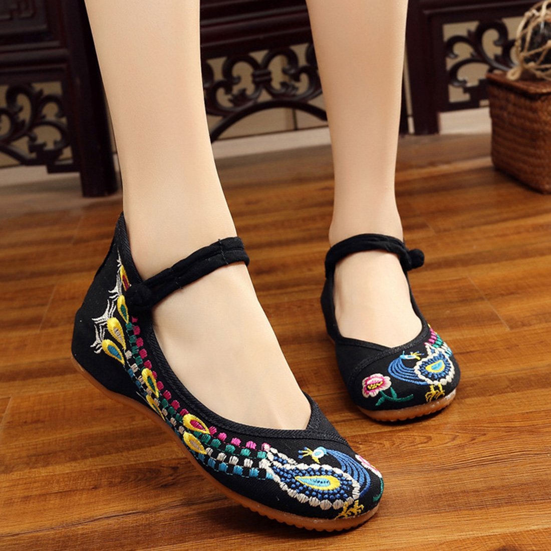 YIBLBOX Women's Summer Peacock Embroidery Mary Jane Flats - Strappy Ankle Strap Dress Shoes for Cheongsam, Qipao & Vintage Style Outfits - Comfortable Casual & Wedding Occasion Footwear