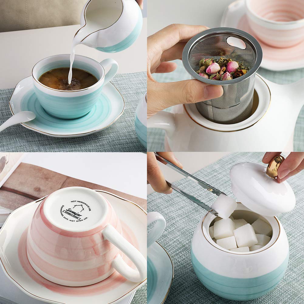 SWEEJAR Elegant Porcelain Tea Set with Hand-Painted Floral Design & 3-Tier Ceramic Cake Stand - Perfect for Afternoon Tea, Bridal Showers, and Elegant Home Decor