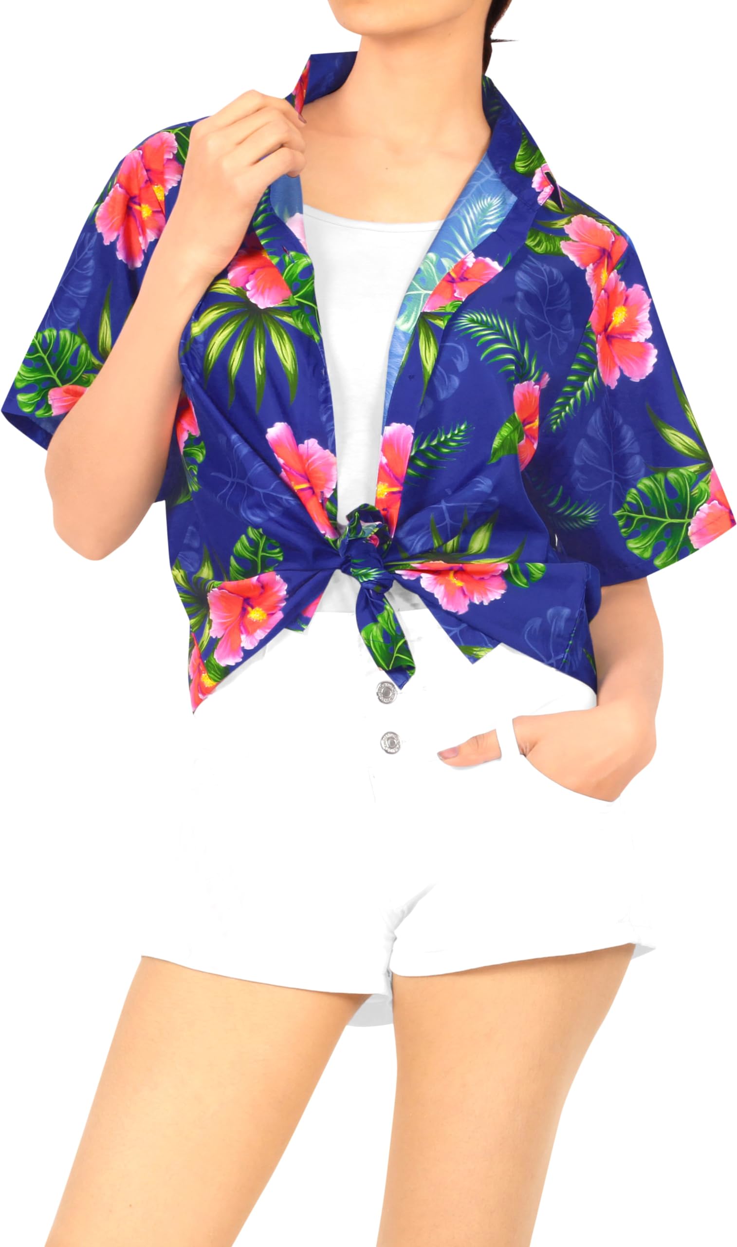 Happy Bay Women's Hawaiian Beach Short Sleeve Blouse - Floral Print Vacation Shirt for Summer, Beach Party, and Tropical Getaways