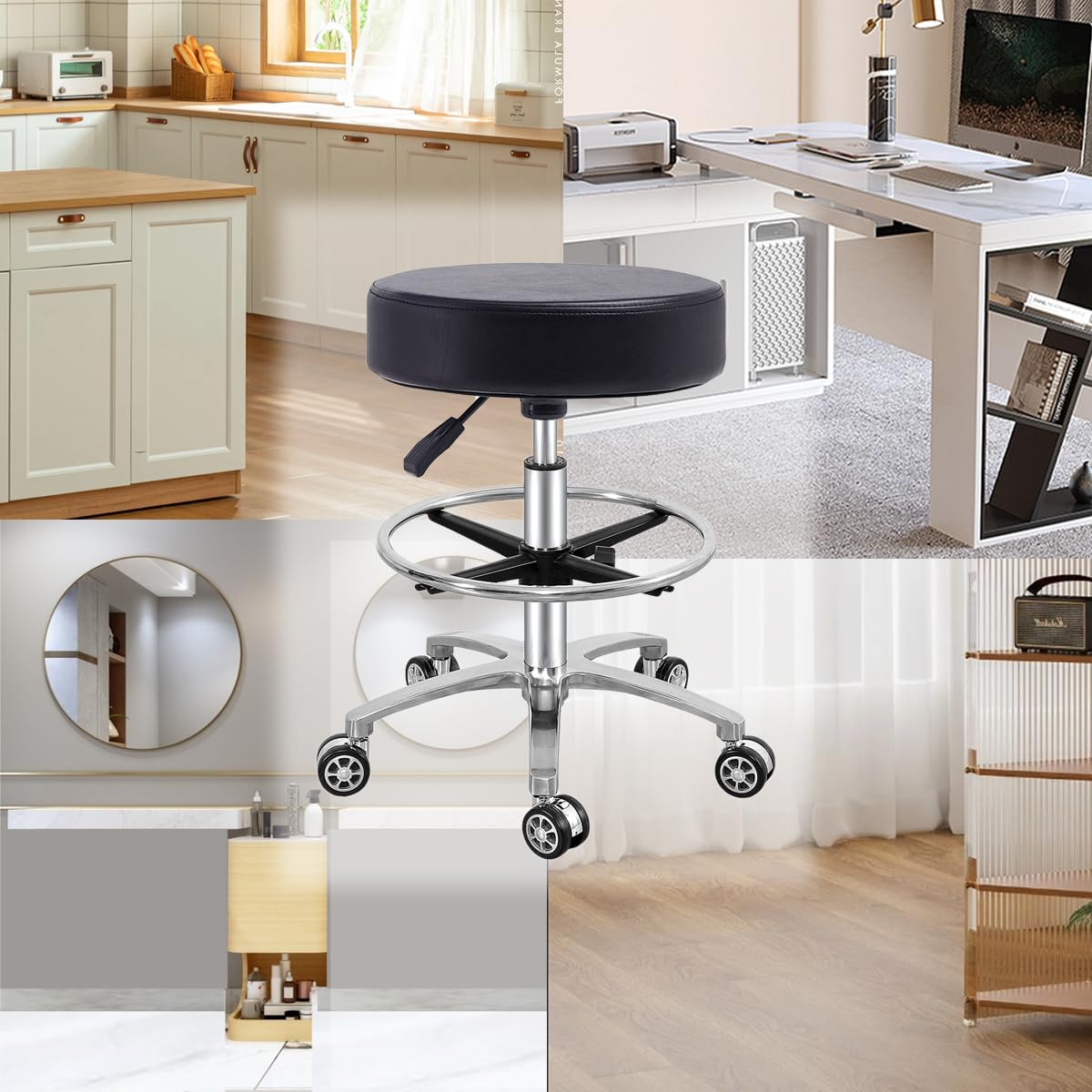 Antlu Adjustable Height Hydraulic Rolling Stool - Swivel Office Chair with Wheels & Foot Rest for Medical, Salon, Tattoo, Kitchen & Massage Work - Ergonomic Rolling Seat for Professionals (Black) - Perfect for Hairdressers, Chefs, Tattoo Artists & Healthcare Workers