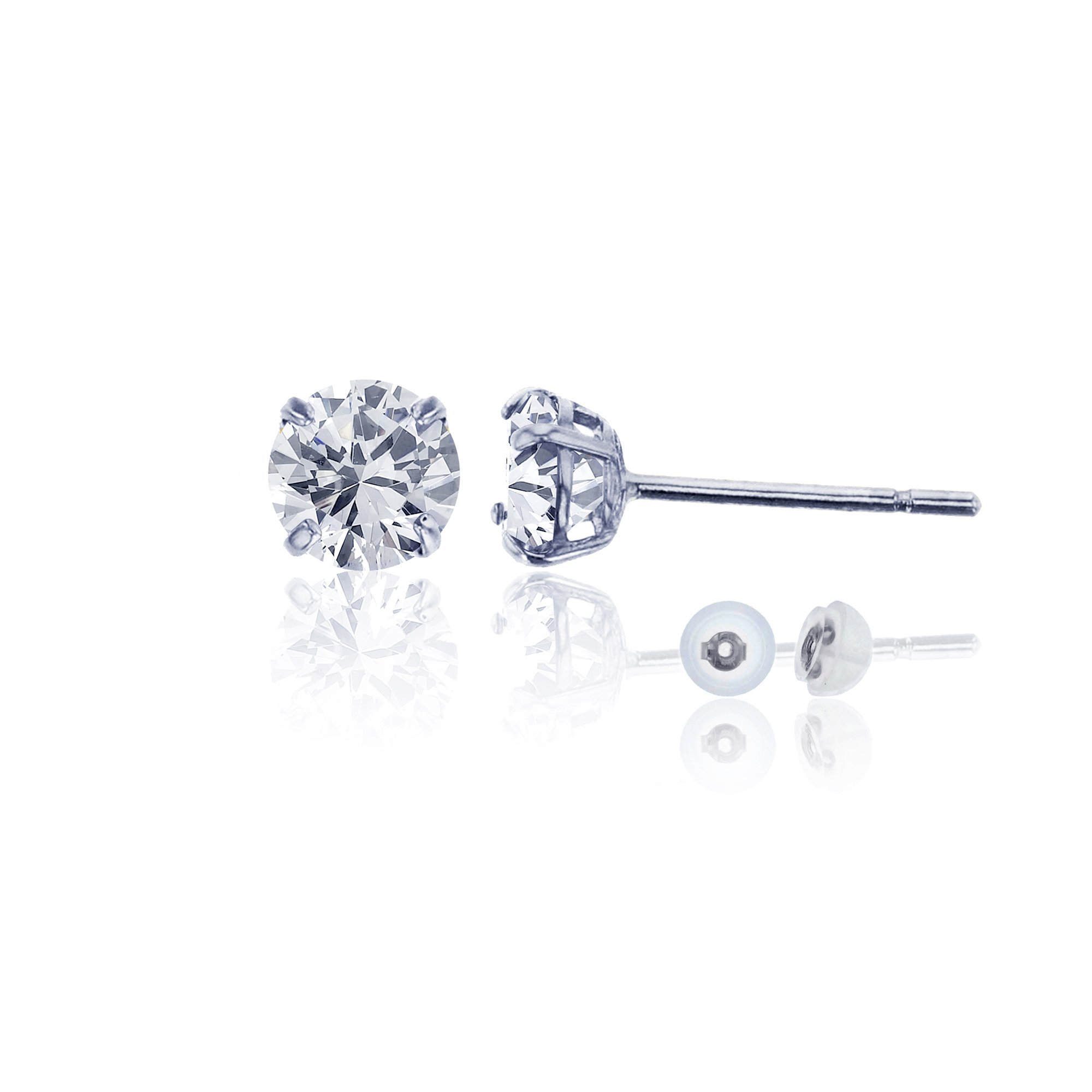 14K White Gold 4mm Round Swarovski Zirconia Stud Earrings with Silicone Bubble Backs - Hypoallergenic Luxury Earrings for Women, Perfect for Everyday Wear, Work & Special Occasions
