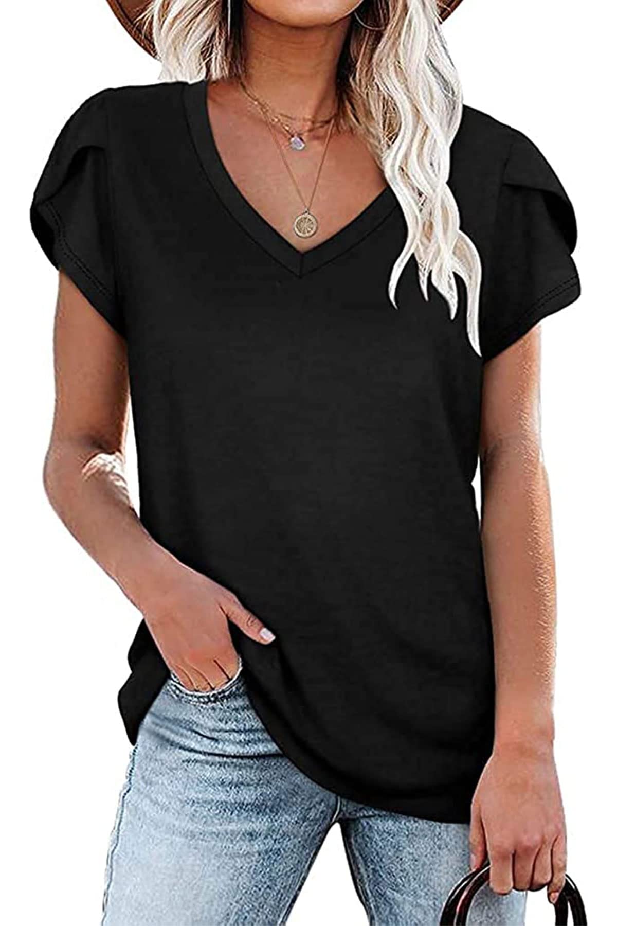 ECOBURY Women's Summer Tops - V-Neck Short Sleeve Blouse with Petal Sleeves | Casual Floral Shirts for Beach, Travel & Everyday Wear