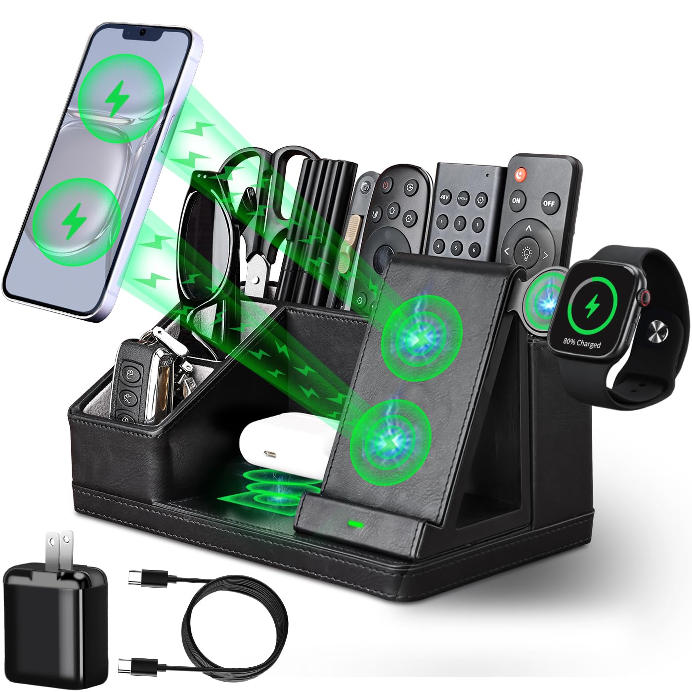 Premium Black Leather Desk Organizer with Wireless Charging Station | Office Desk Accessories Set | Pen Holder, Remote Control Organizer & Phone Charger | Perfect for Home Office, Nightstand & Workspace Organization