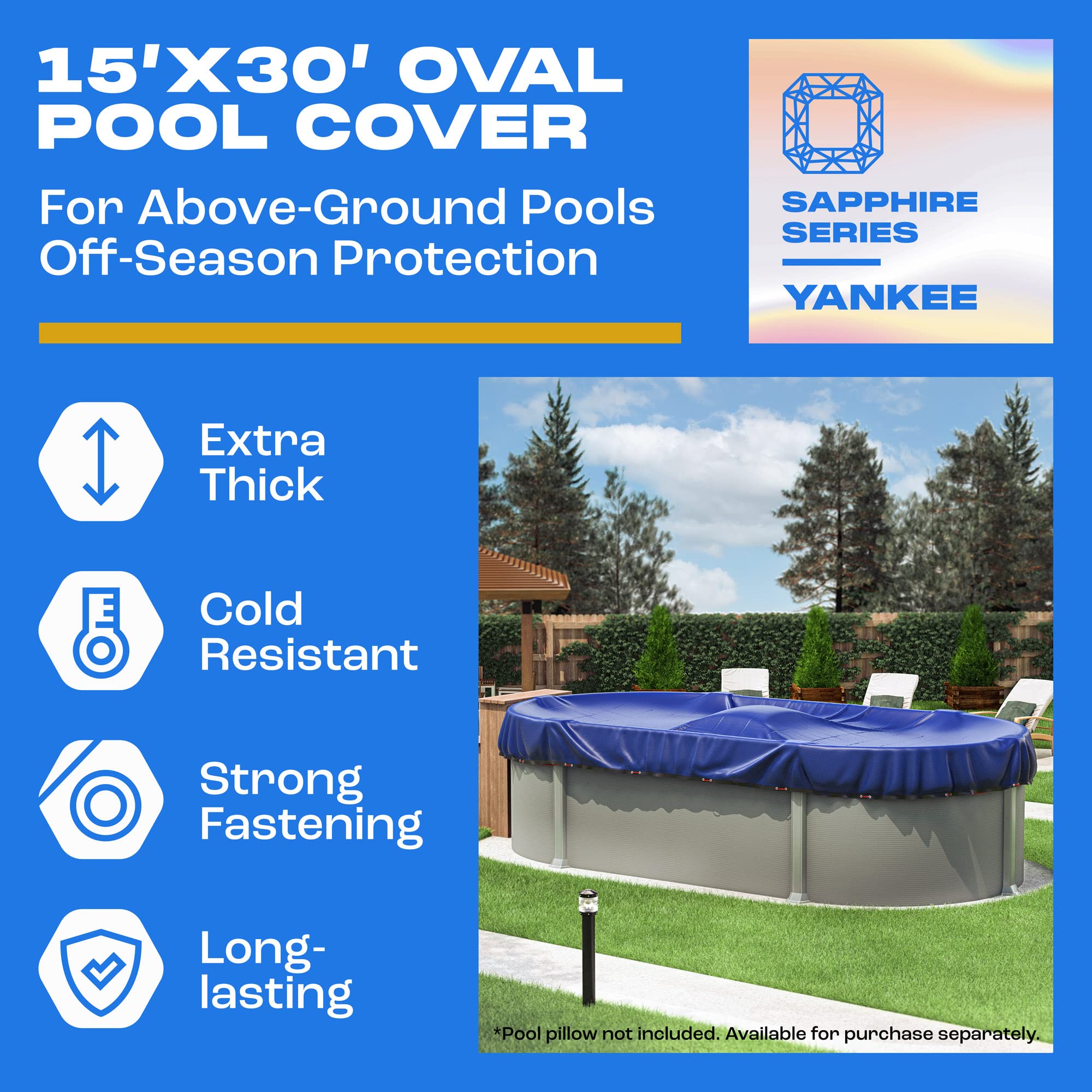 Yankee Oval Pool Cover 15 x 30 ft - Heavy Duty Winter Cover for Above Ground Pools - UV Resistant, Extra Thick & Durable Protection - Perfect for Winterizing and Protecting Your Backyard Pool