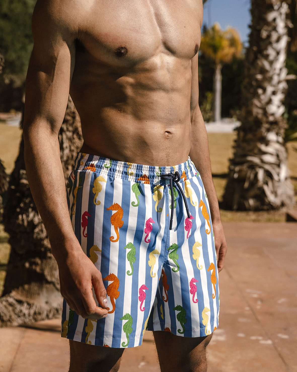 Seahorse Stripe Print Swim Shorts for Men - Quick Dry Beach Swimwear with Pockets - Perfect for Swimming, Surfing, and Summer Vacations