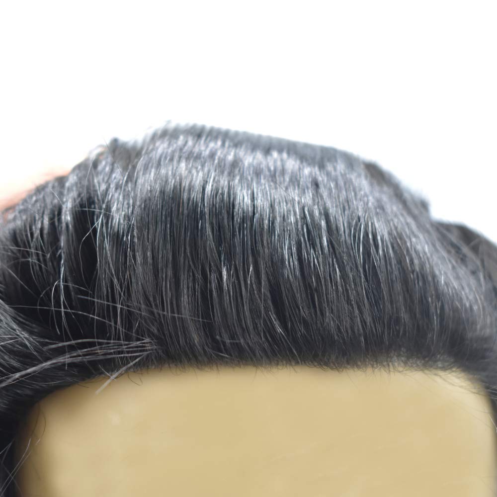 Men's Toupee Replacement Hair System - 100% European Remy Human Hair with 40% Synthetic Grey - Thin Skin Base, Hand-Tied, Full Clear Poly, Soft & Durable (6