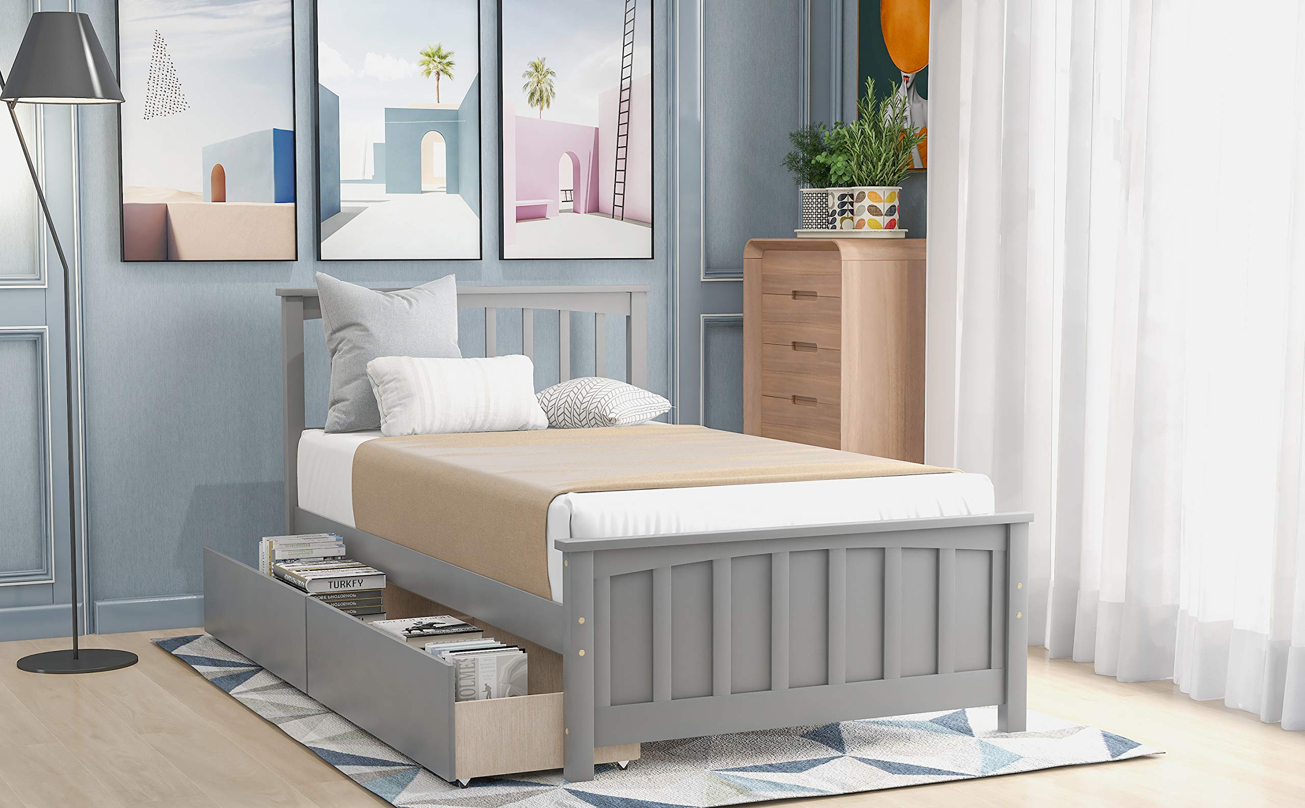 Solid Wood Twin Size Platform Bed Frame with 2 Drawers - No Box Spring Needed, Sturdy & Space-Saving (Gray) - Perfect for Small Bedrooms, Guest Rooms & Kids Rooms
