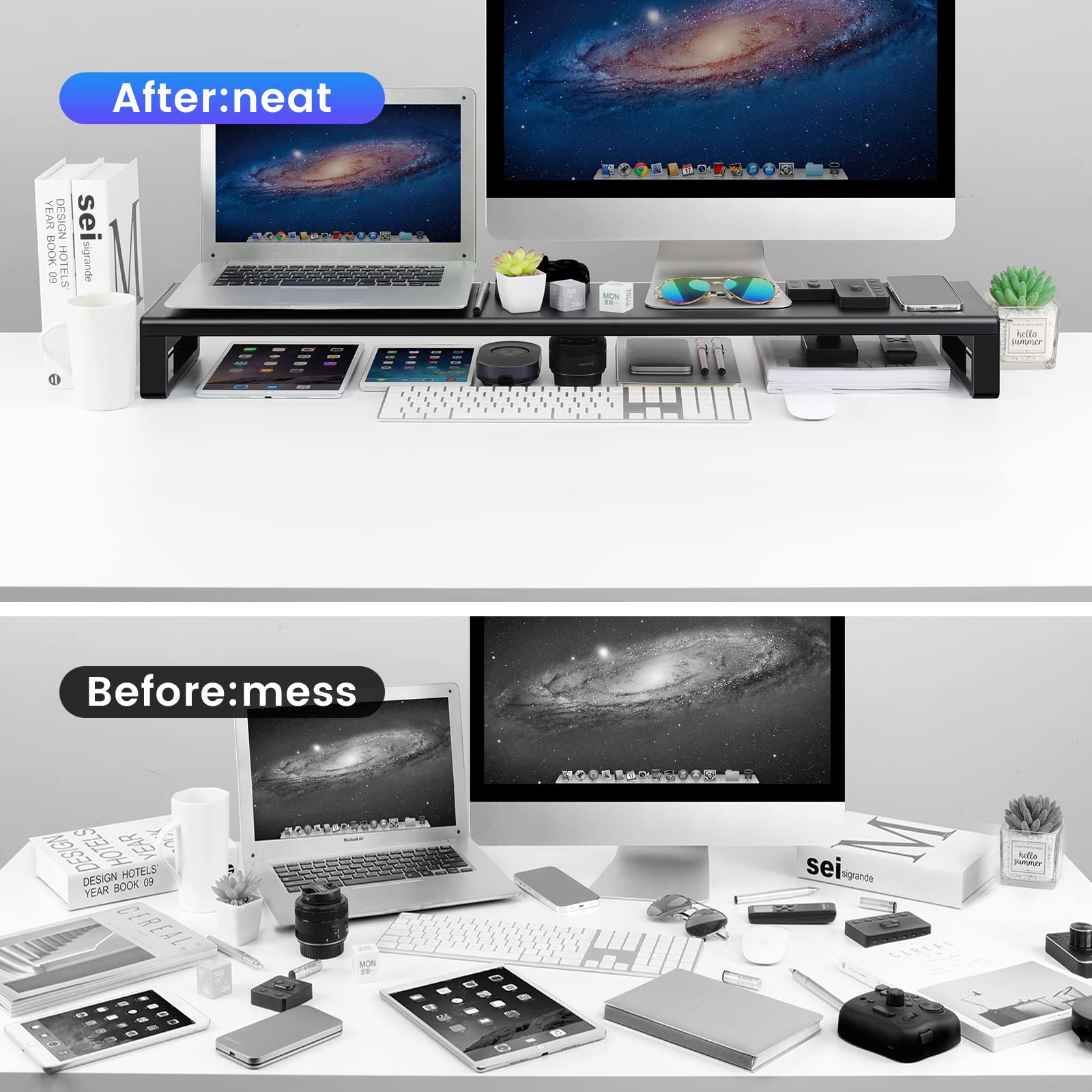 Dual Monitor Stand Riser with 4 USB 3.0 Hub Ports - Sturdy Aluminum Desktop Organizer for Computer, TV, PC, Printer & Speakers | Perfect for Home Office, Gaming Setup & Workspace Organization