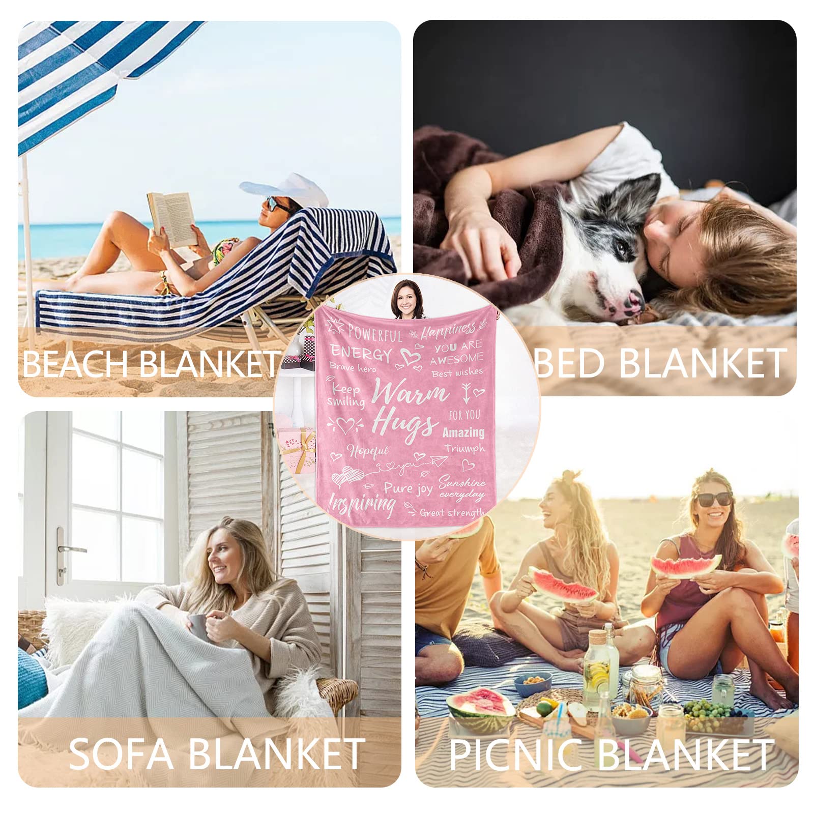 Inspirational and Thank You Gifts for Women - Pink Healing Blanket with Caring Compassionate Thoughts, Warm Hug Get Well Soon Gift for Sister, Friend - Perfect for Comfort, Recovery, and Cozy Moments at Home