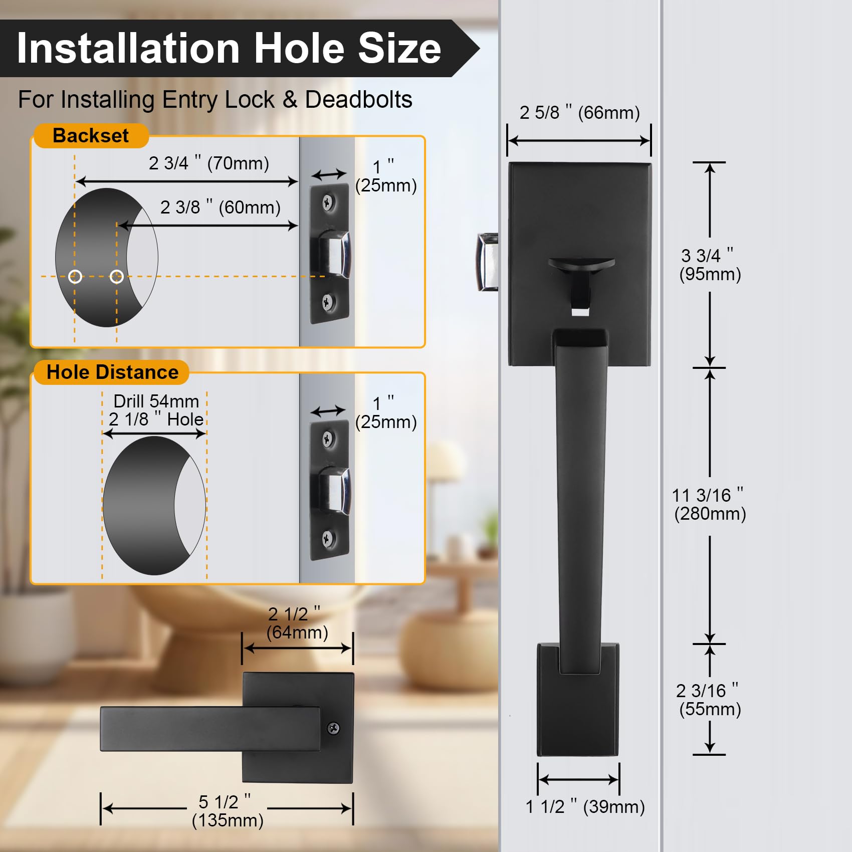 Azdele Matte Black Front Door Handle Set with Reversible Lever - Heavy Duty Exterior Door Knob for Right or Left Handed Entry Doors, Front Door Hardware in Modern Matte Black Finish - Perfect for Home, Office & Commercial Buildings