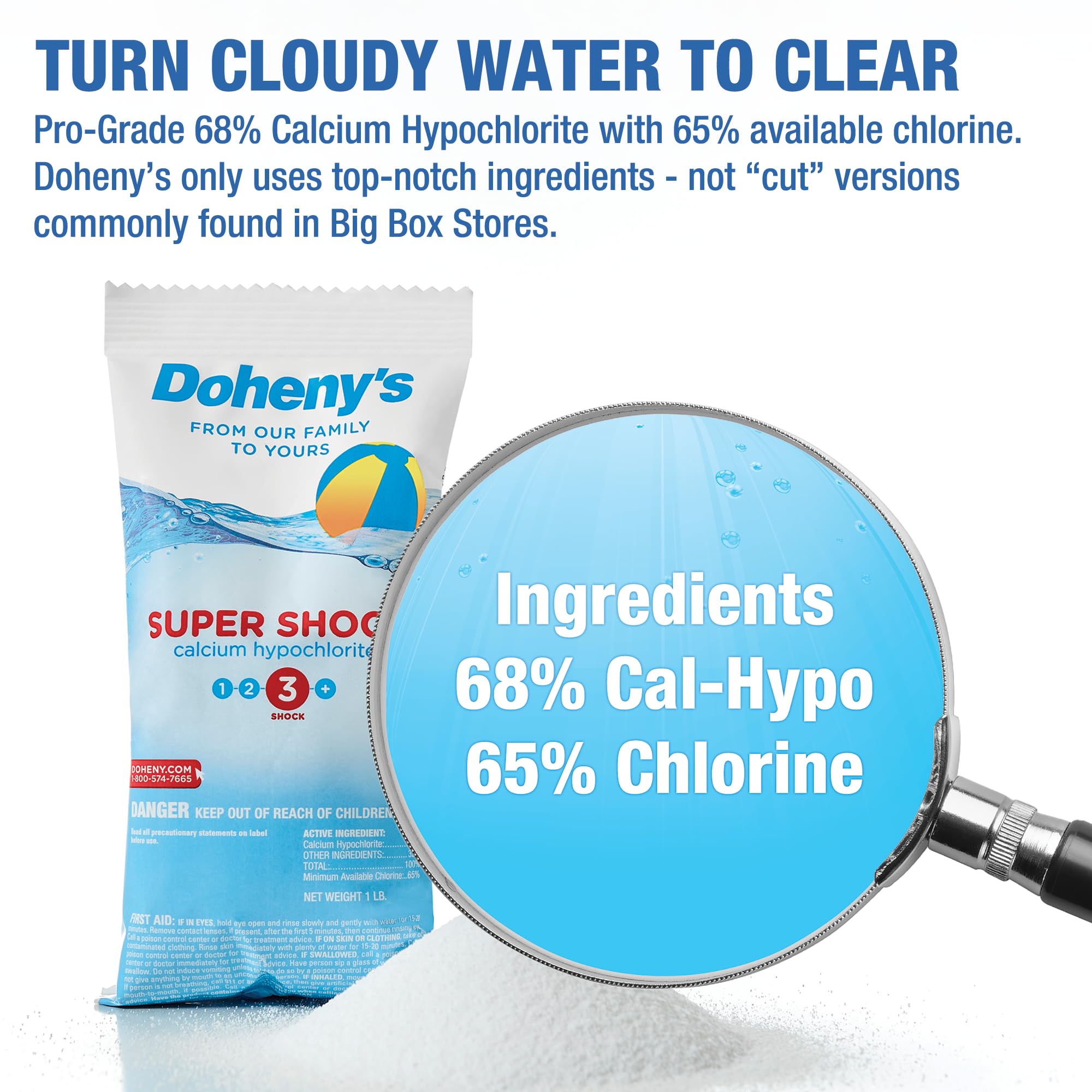 Doheny's Super Pool Shock | 68% Cal-Hypo Granular Chlorine Shock for Pools - Quick Dissolving, Fast Acting, Professional Grade | 24 x 1lb Bags | Made in USA | Perfect for Weekly Maintenance, Algae Treatment & Pool Opening/Closing
