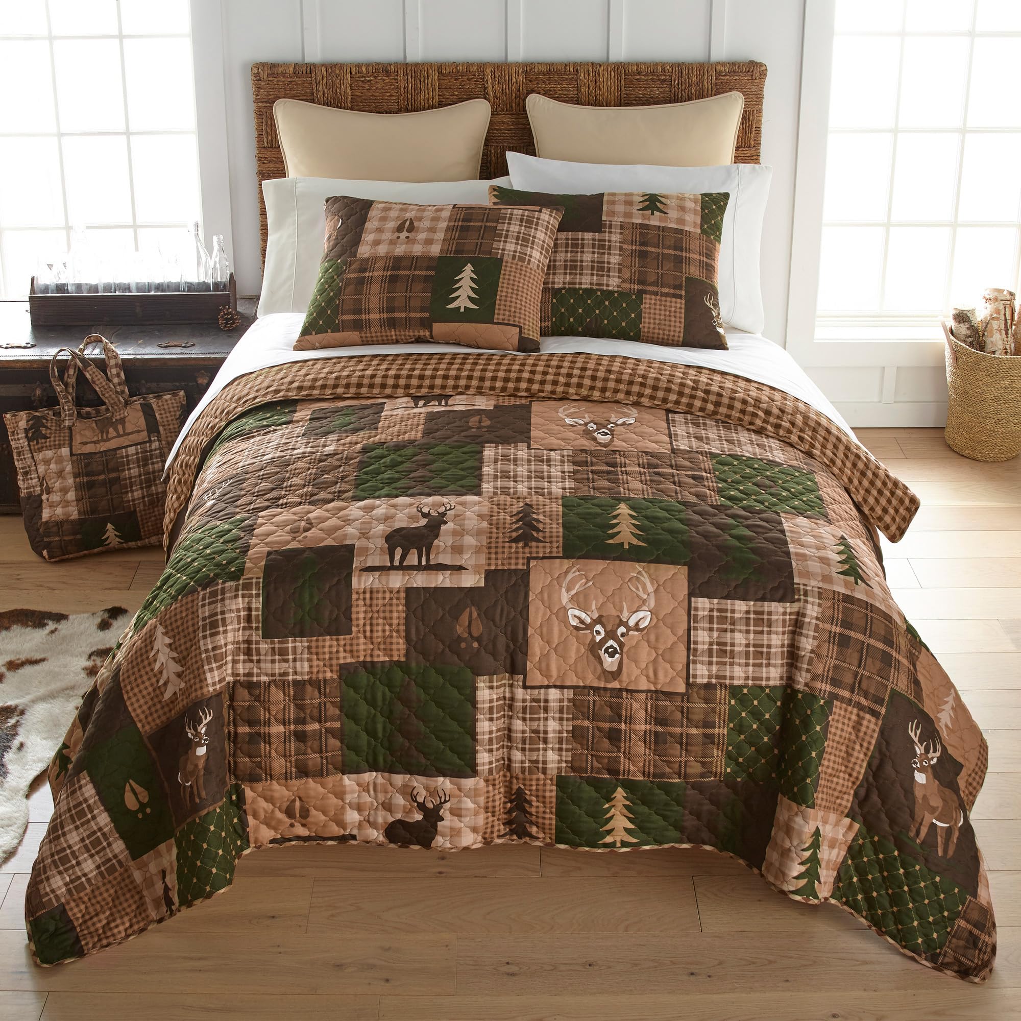**Donna Sharp Twin Bedding Set - 2 Piece Green Forest Lodge Quilt Set with Twin Quilt & Standard Pillow Sham - Machine Washable - Cozy Cabin & Bedroom Decor**