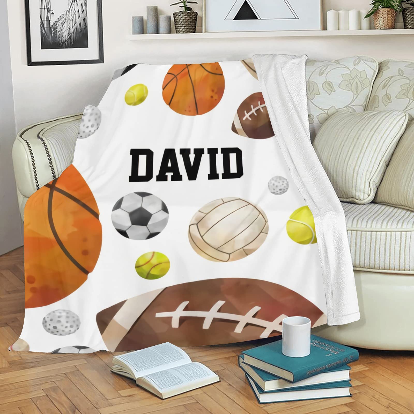 Custom Personalized Baby Blanket with Name - Basketball Baseball Rugby Soccer Design - Super Soft Newborn Blanket for Boys & Girls - Neutral Nursery Decor Gift - Perfect for Christening, Birthday & Baby Shower Presents